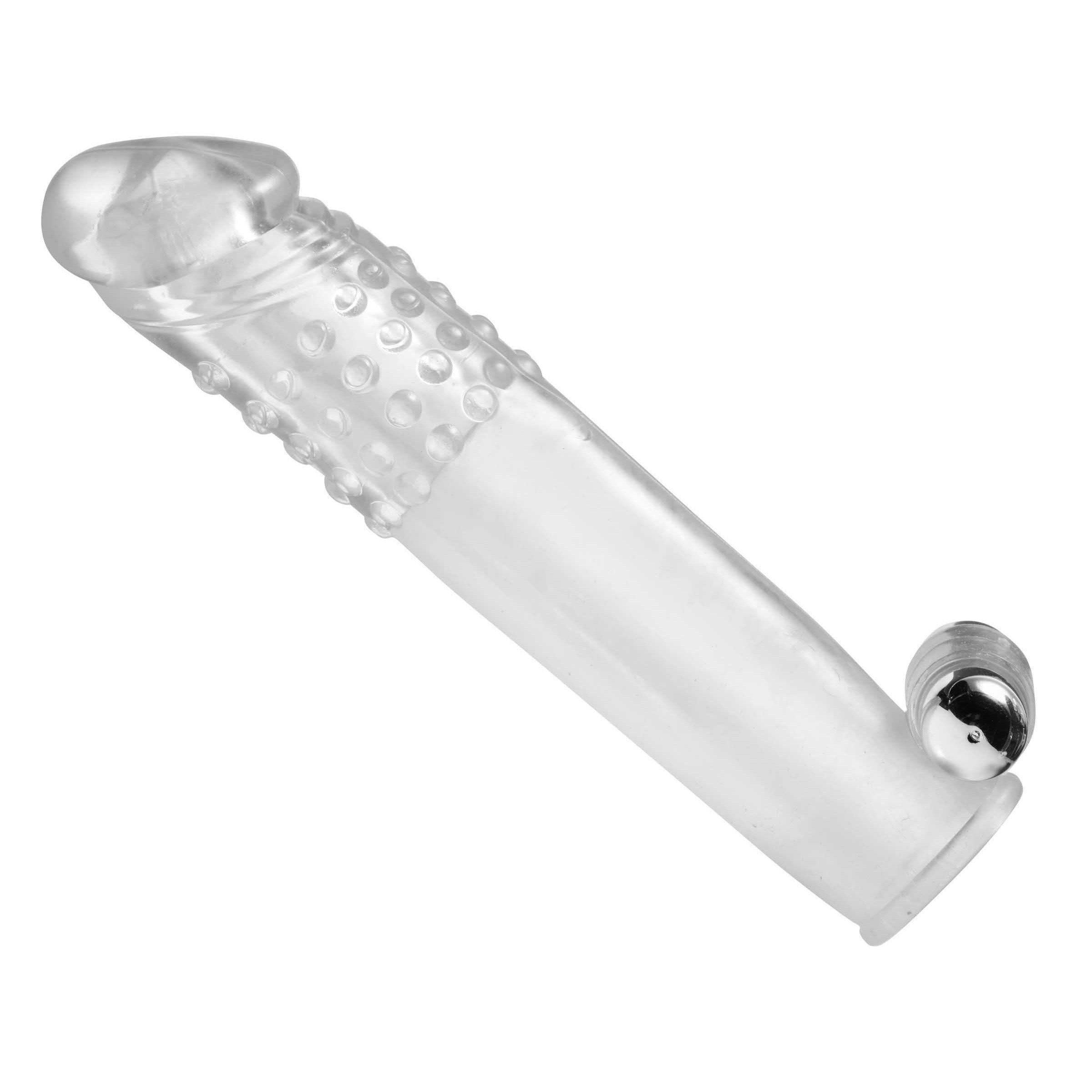Clear Sensations Penis Extender Vibro Sleeve with Bullet, showcasing its semi-realistic design and textured interior for enhanced stimulation.