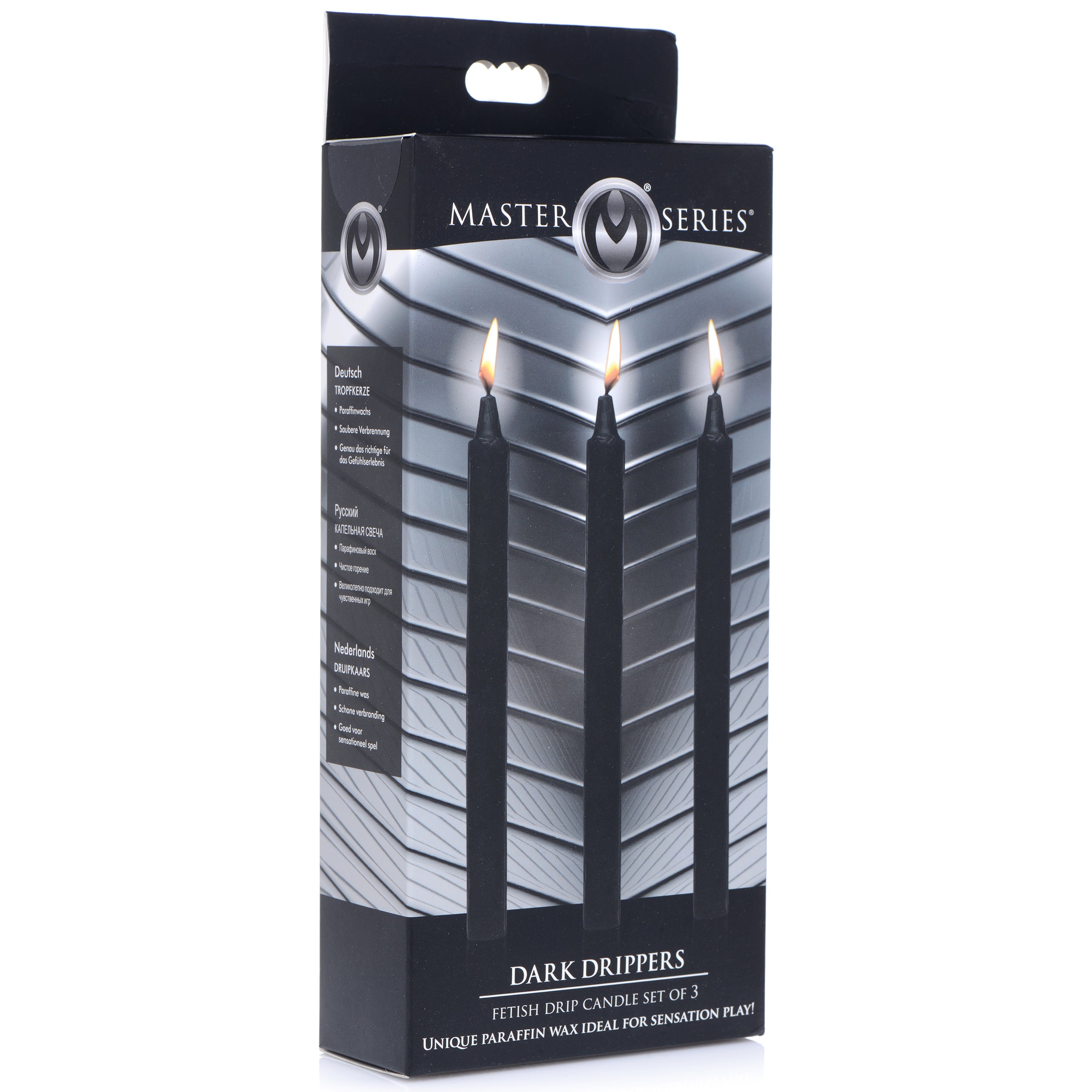 Set of 3 black Dark Drippers Fetish Drip Candles designed for sensation play, featuring a sleek and elegant appearance.