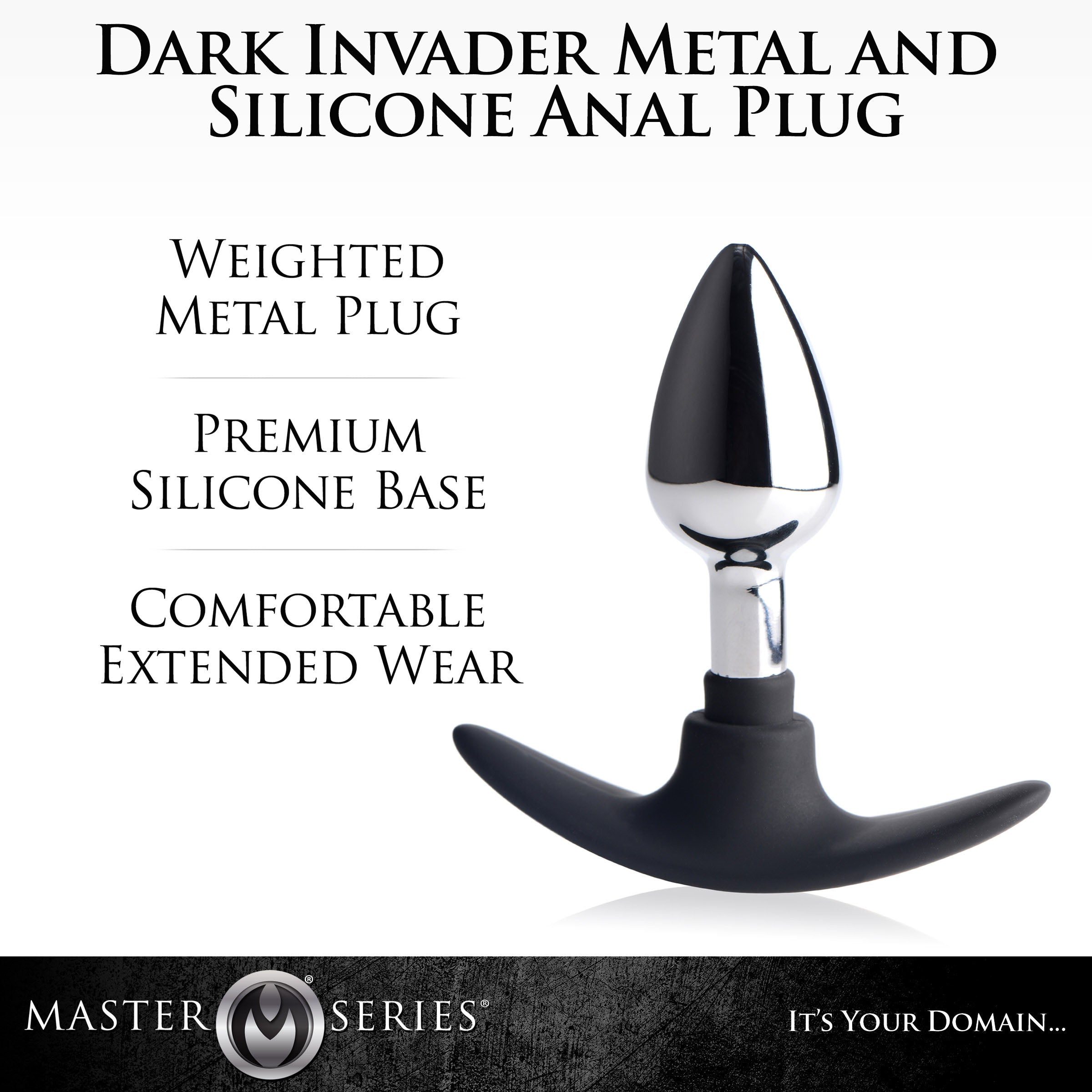 Dark Invader Metal and Silicone Anal Plug - Small, featuring a sleek design with a nickel-free aluminum alloy body and a comfortable silicone base.