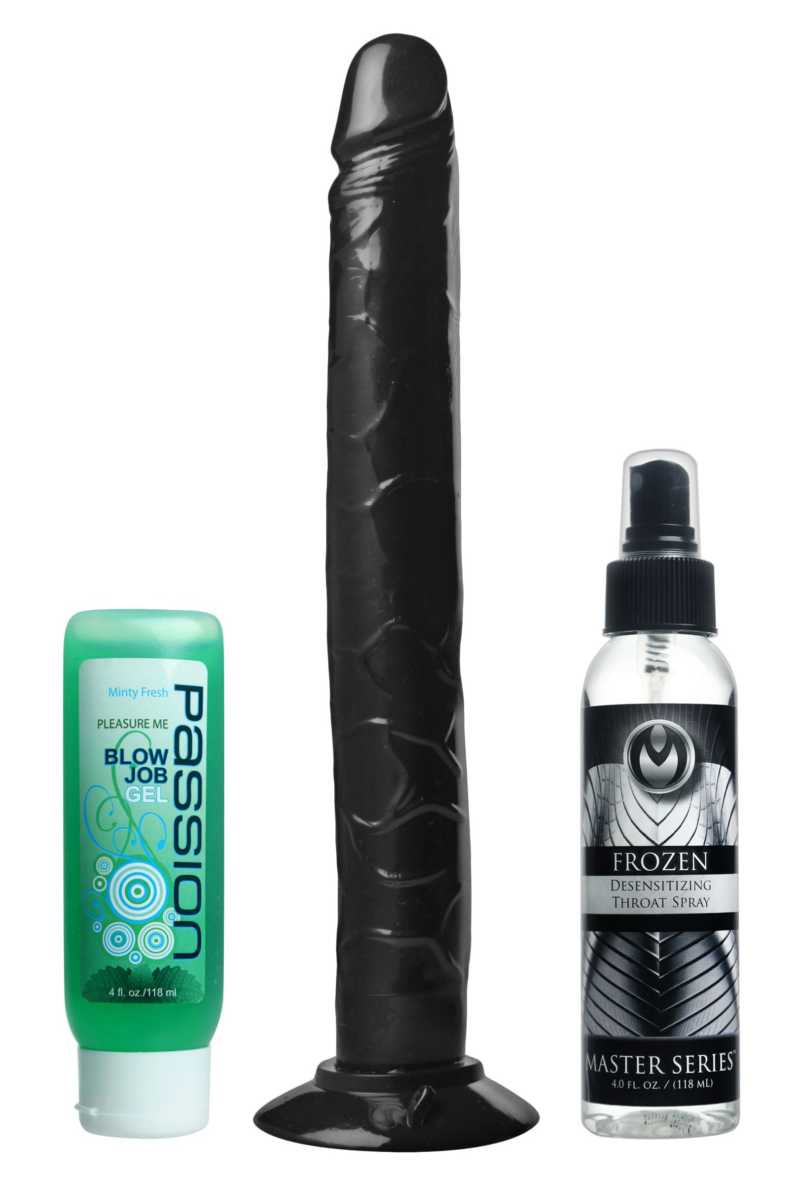 Deep Throat Oral Sex Training Kit featuring a foot-long dildo, mint-flavored gel, and throat spray for enhanced oral skills.