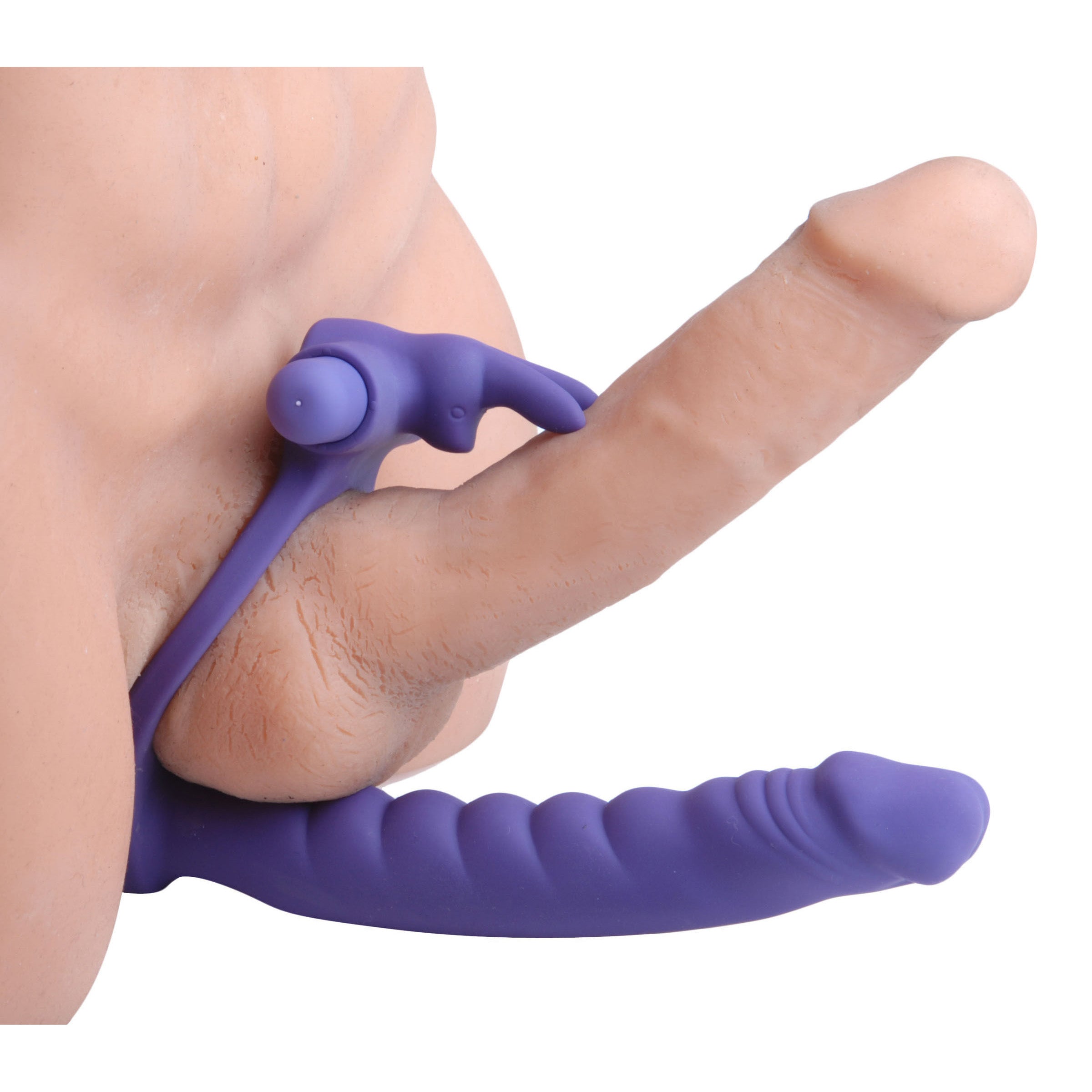 Double Delight Dual Insertion Vibrating Rabbit Cock Ring in purple, featuring a rabbit stimulator and insertable shaft for dual stimulation.