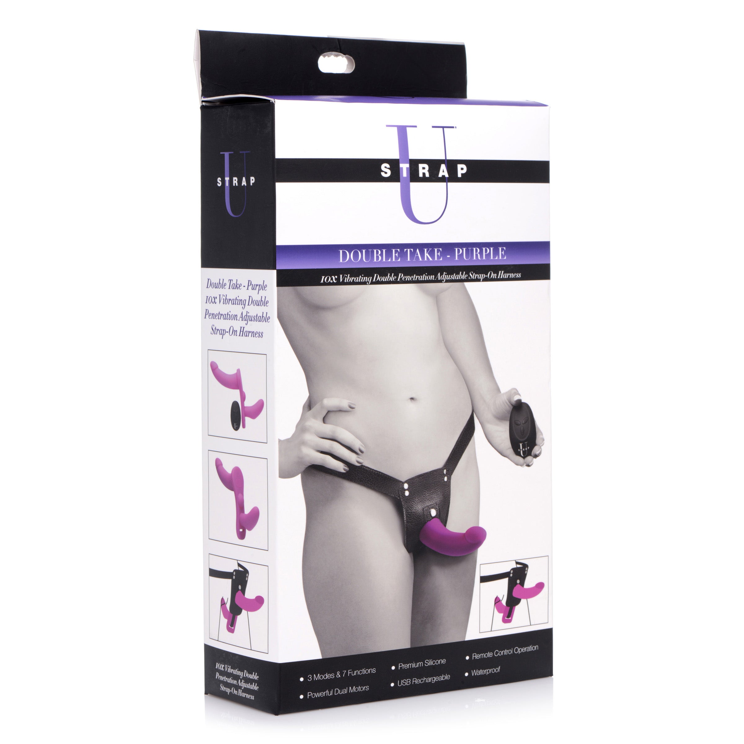 Double Take 10X Double Penetration Vibrating Strap-on Harness in purple, featuring dual-ended dildos and a minimalistic adjustable harness.