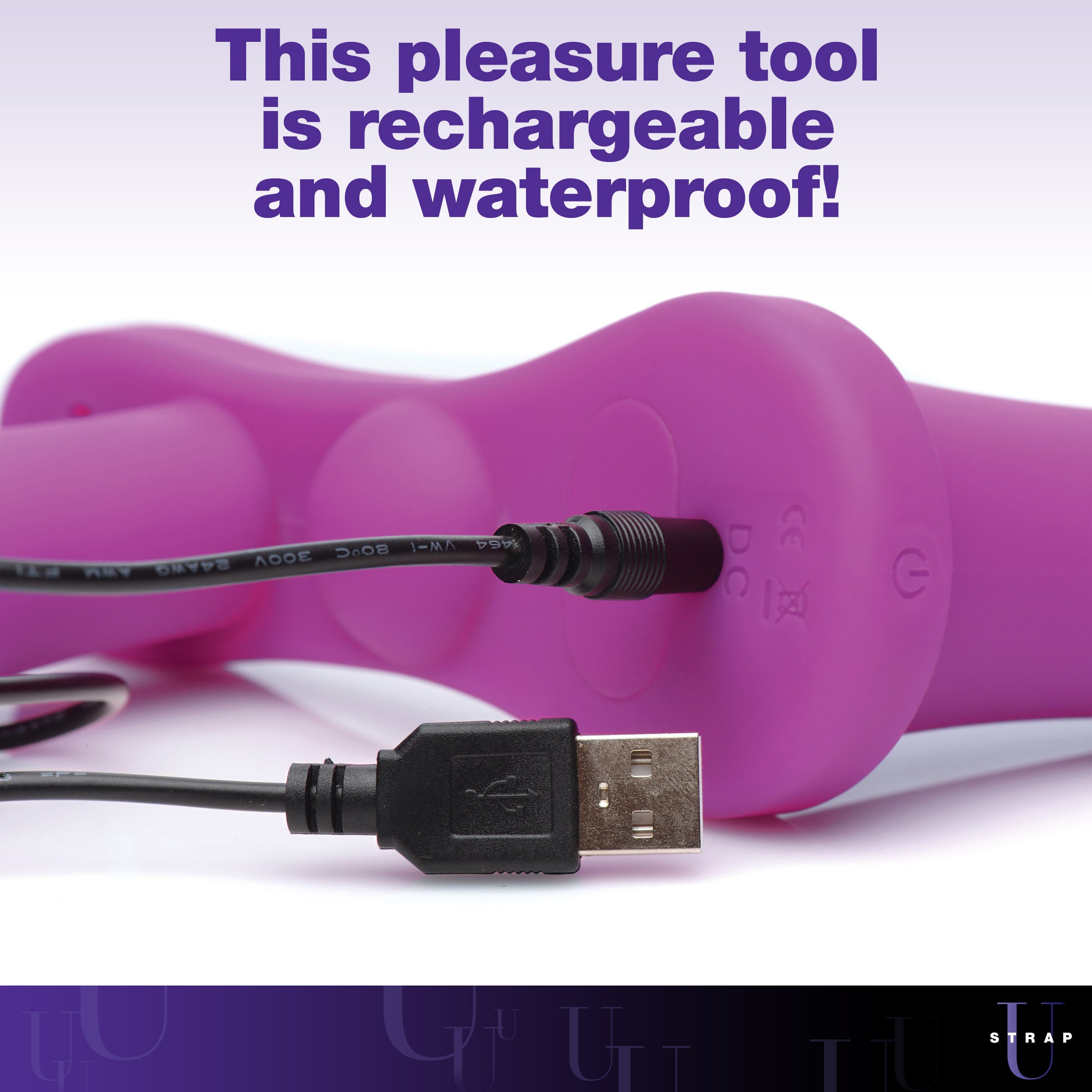 Double Take 10X Double Penetration Vibrating Strap-on Harness in purple, featuring dual-ended dildos and a minimalistic adjustable harness.