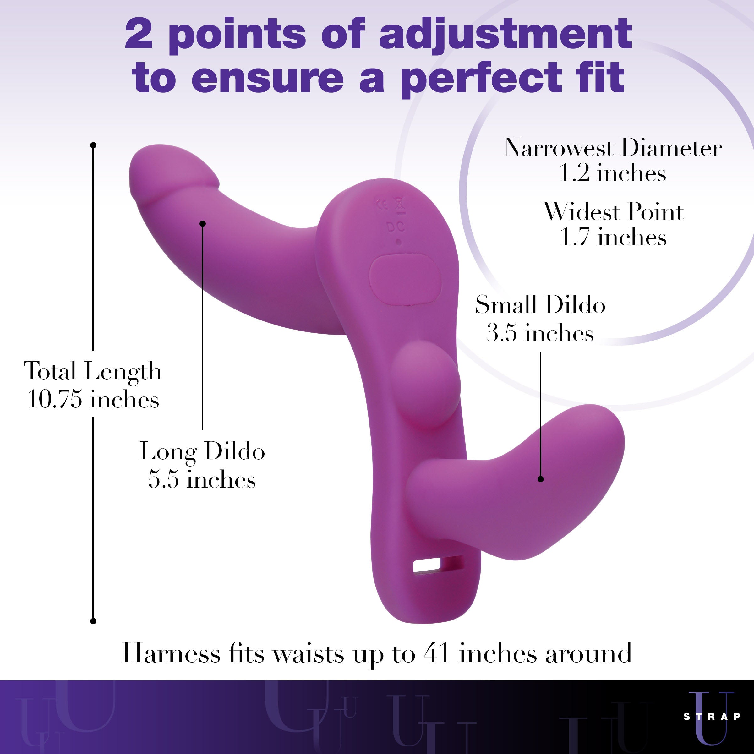 Double Take 10X Double Penetration Vibrating Strap-on Harness in purple, featuring dual-ended dildos and a minimalistic adjustable harness.