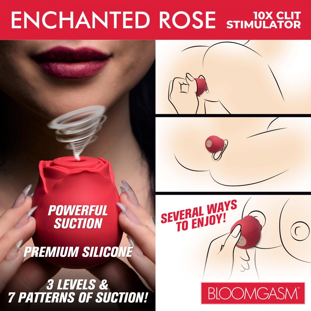 Enchanted Rose 10X Clit Stimulator in red and black, showcasing its elegant design and premium silicone material.