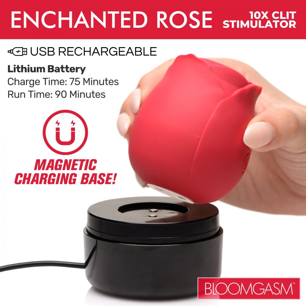 Enchanted Rose 10X Clit Stimulator in red and black, showcasing its elegant design and premium silicone material.