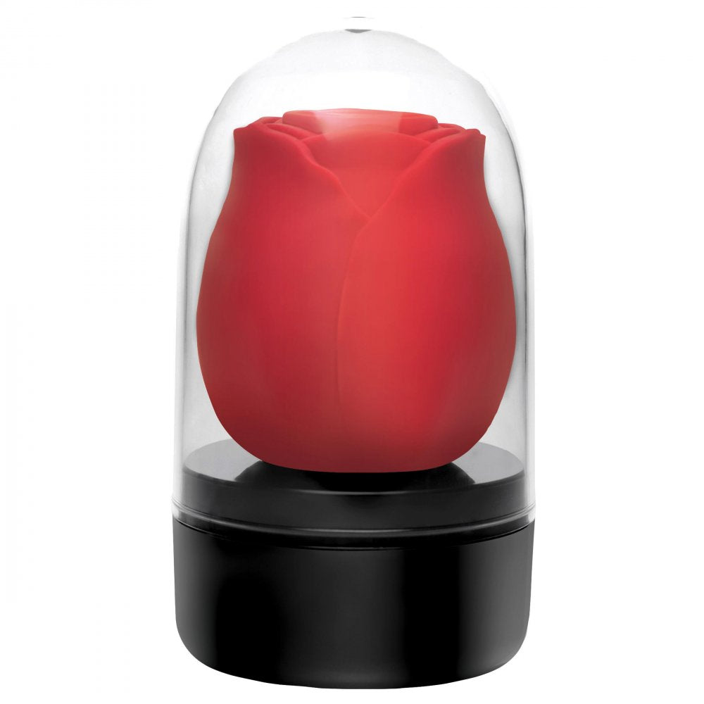 Enchanted Rose 10X Clit Stimulator in red and black, showcasing its elegant design and premium silicone material.