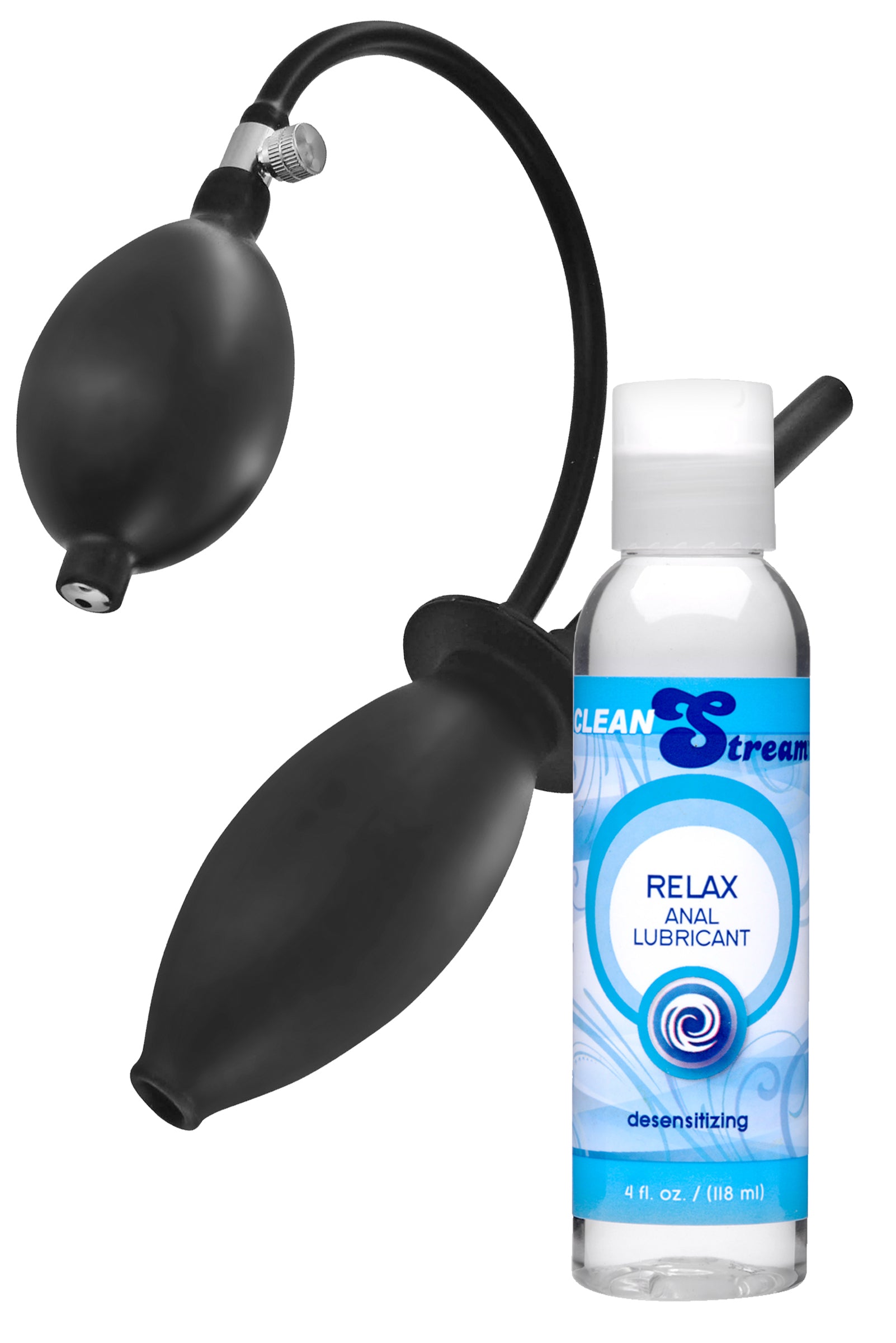 Enema Anal Stretching Kit featuring an inflatable plug and desensitizing lube, designed for enhanced comfort and gradual expansion.