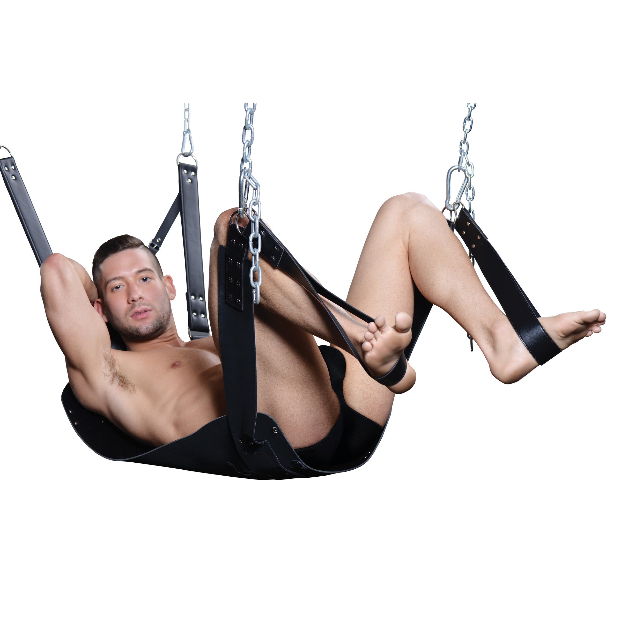 Extreme Sling bondage equipment made of heavy-duty leather, featuring adjustable straps and detachable stirrups for enhanced comfort and support.