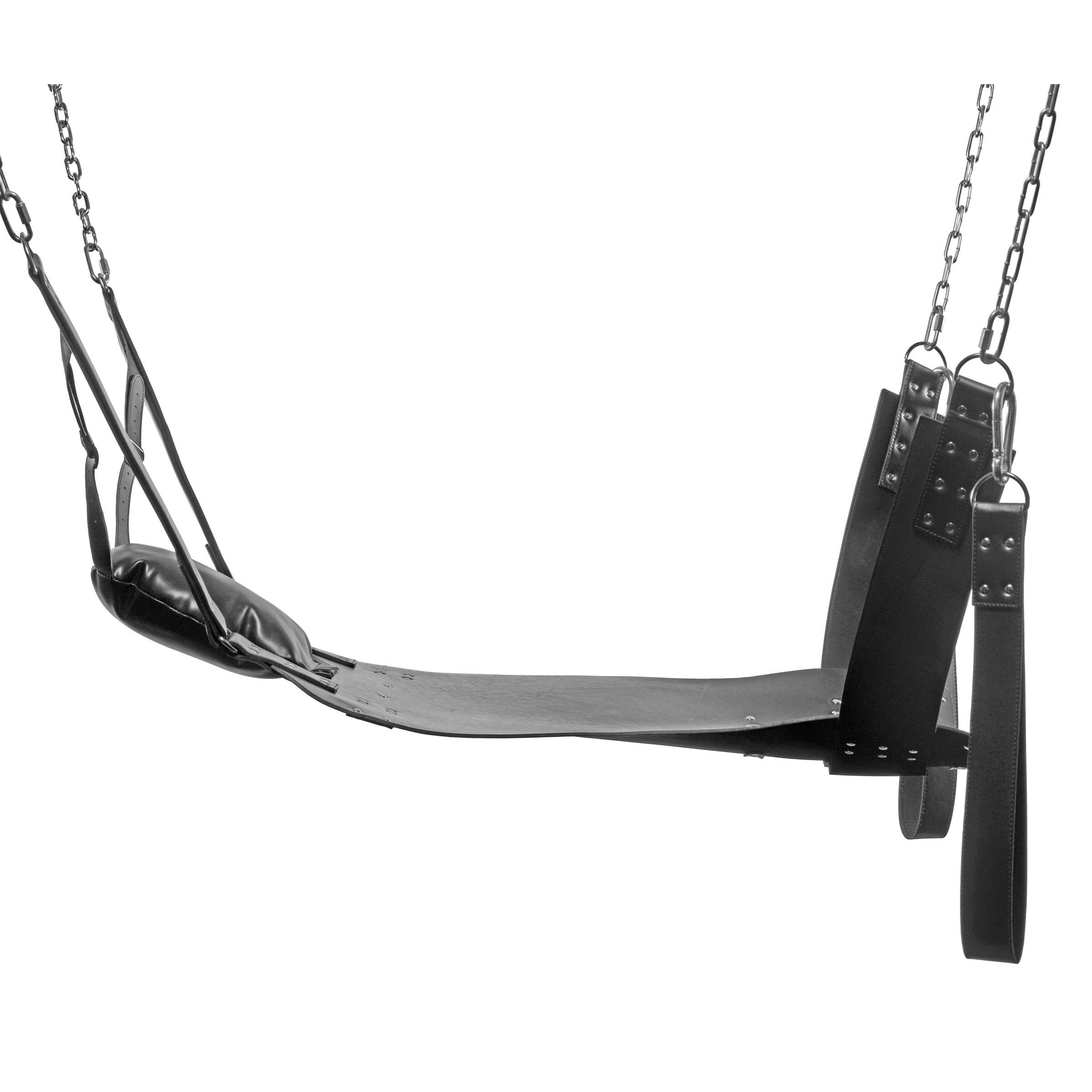 Extreme Sling bondage equipment made of heavy-duty leather, featuring adjustable straps and detachable stirrups for enhanced comfort and support.