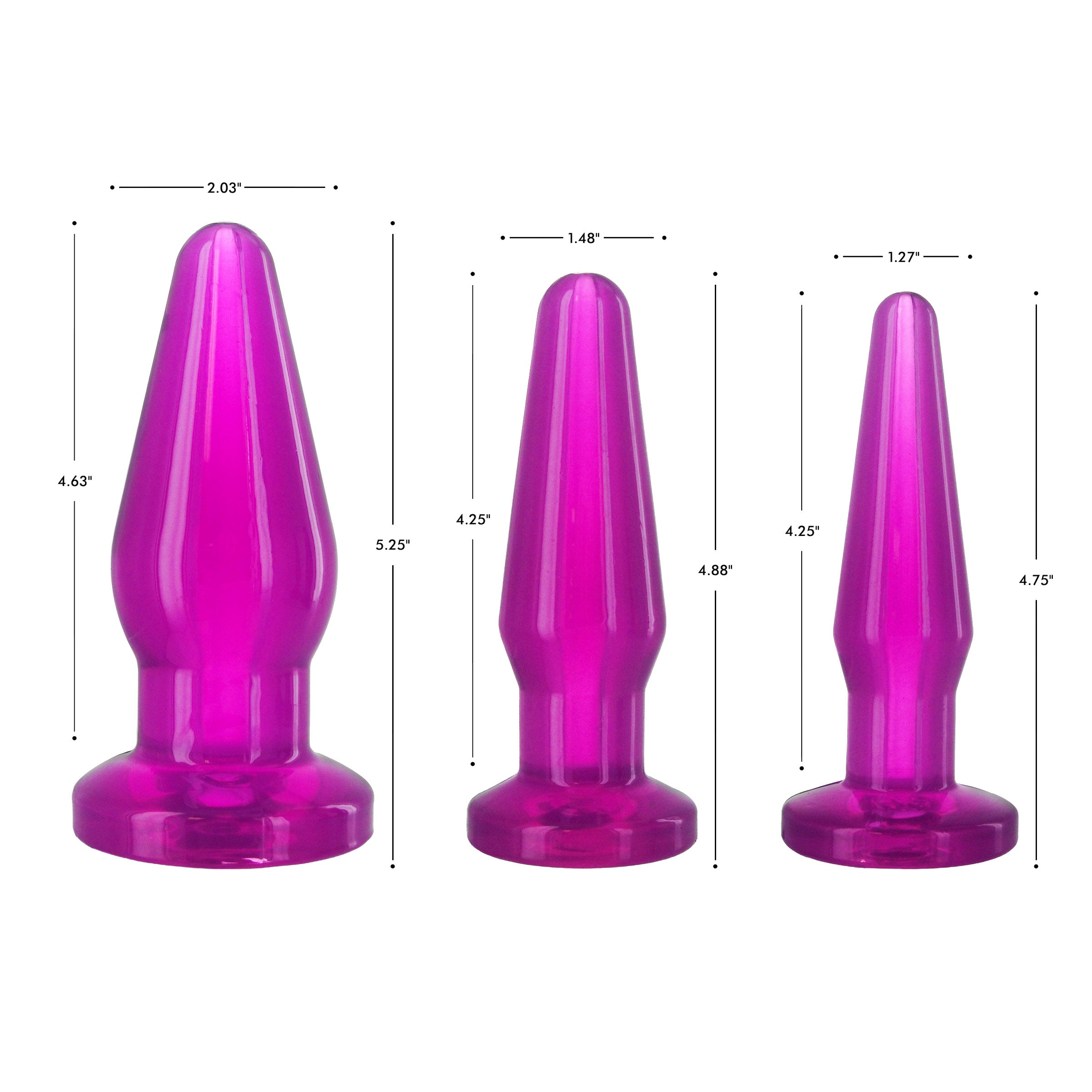 Fill-er-Up Butt Plug Kit in purple with three graduated sizes for anal play, showcasing smooth TPE material and wide bases for safety.