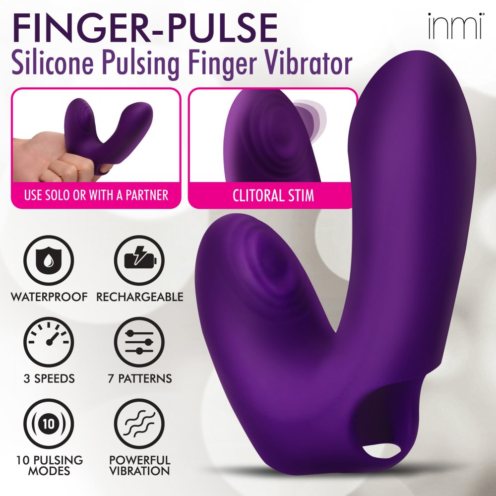 Finger-Pulse Silicone Pulsing Finger Vibrator in purple, featuring a curved shaft and textured clitoral pad for enhanced stimulation.
