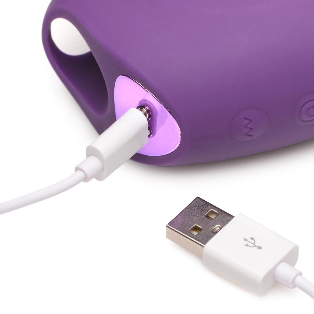 Finger-Pulse Silicone Pulsing Finger Vibrator in purple, featuring a curved shaft and textured clitoral pad for enhanced stimulation.