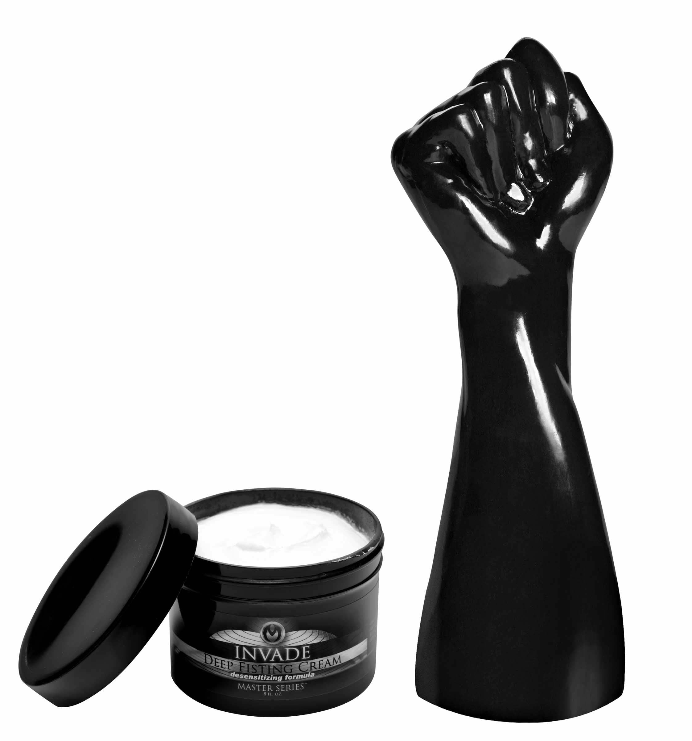 Fisting Kit featuring a realistic life-size fist and an 8 fl oz can of desensitizing fisting cream, all in sleek black.