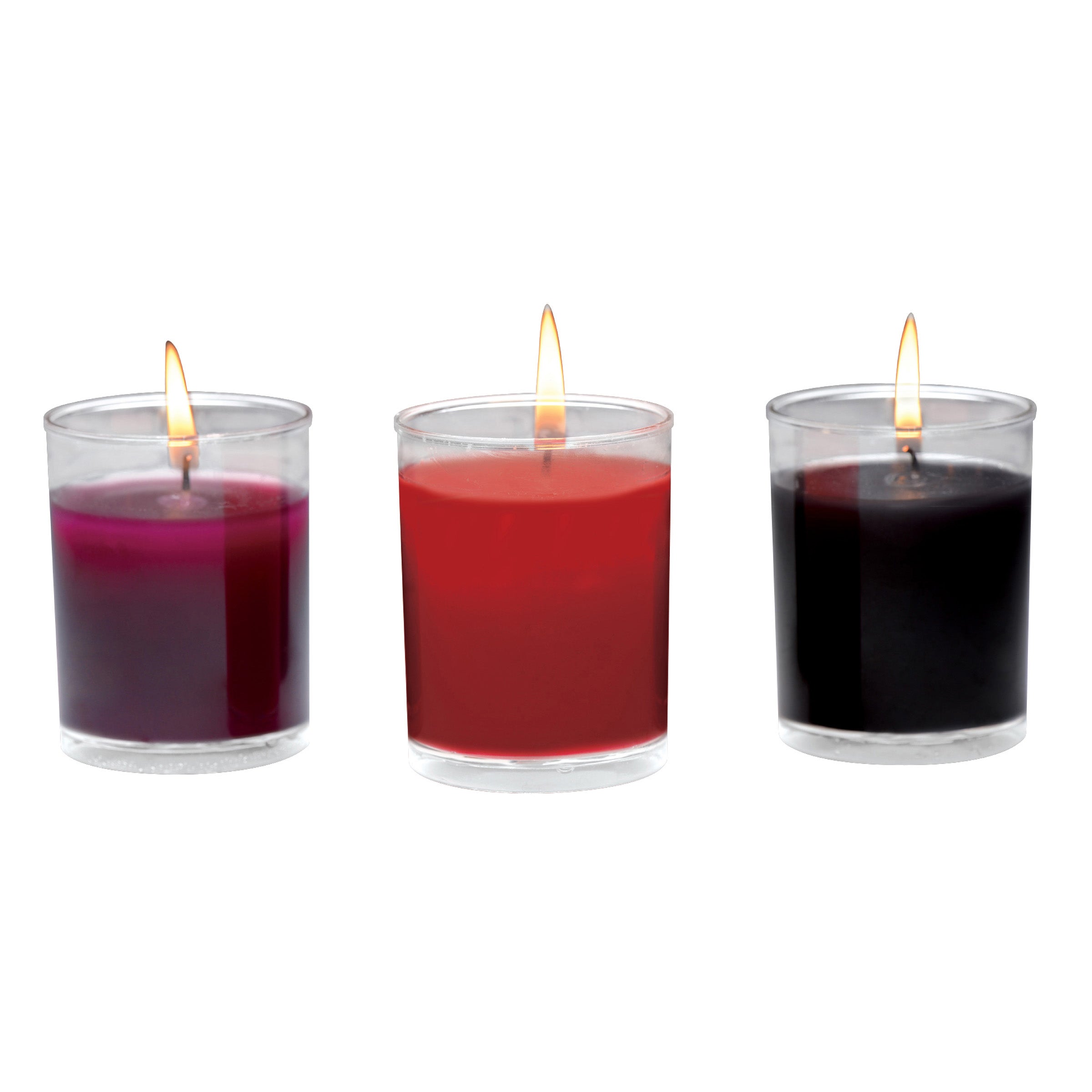 Flame Drippers Candle Set featuring three vibrant candles in black, purple, and red, designed for safe wax play in BDSM.