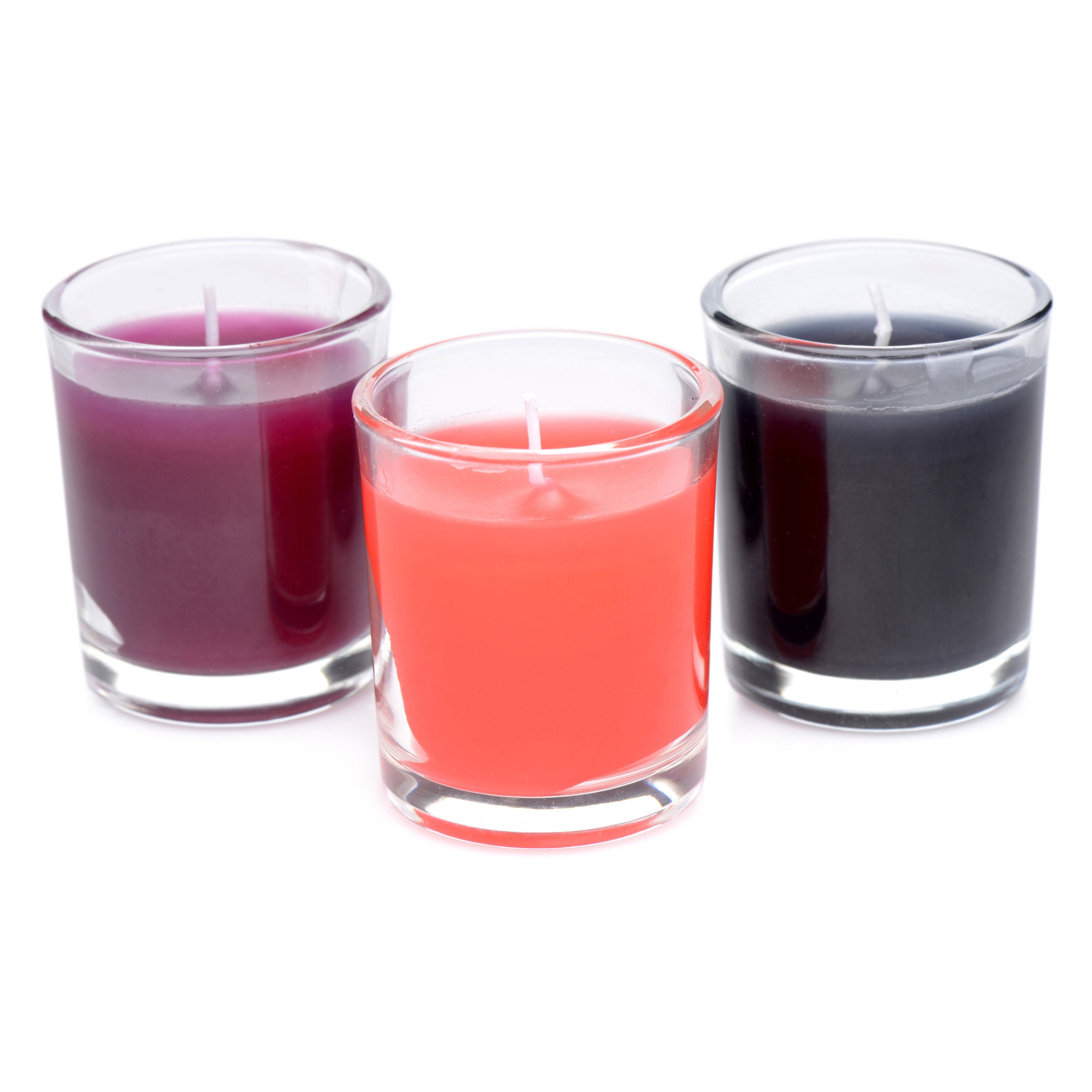 Flame Drippers Candle Set featuring three vibrant candles in black, purple, and red, designed for safe wax play in BDSM.