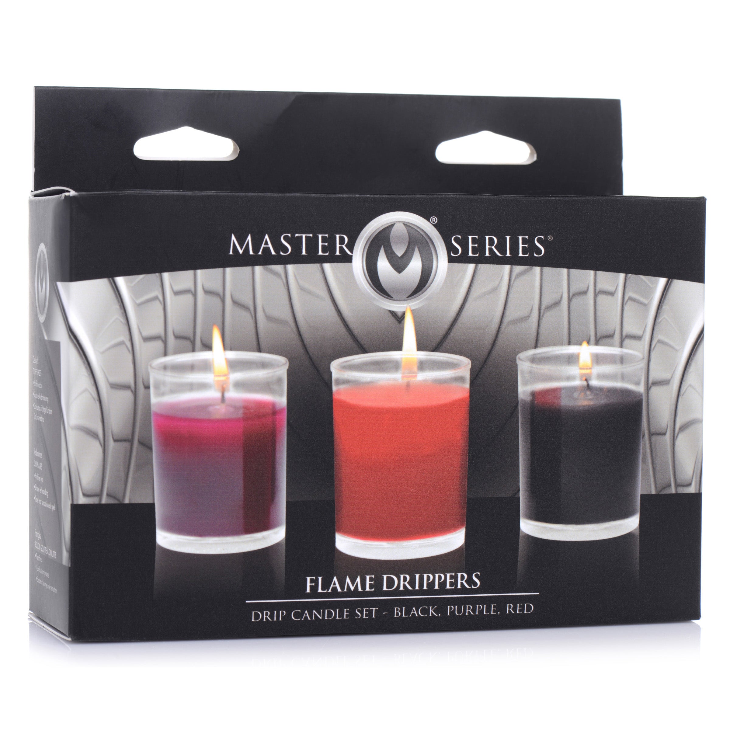 Flame Drippers Candle Set featuring three vibrant candles in black, purple, and red, designed for safe wax play in BDSM.
