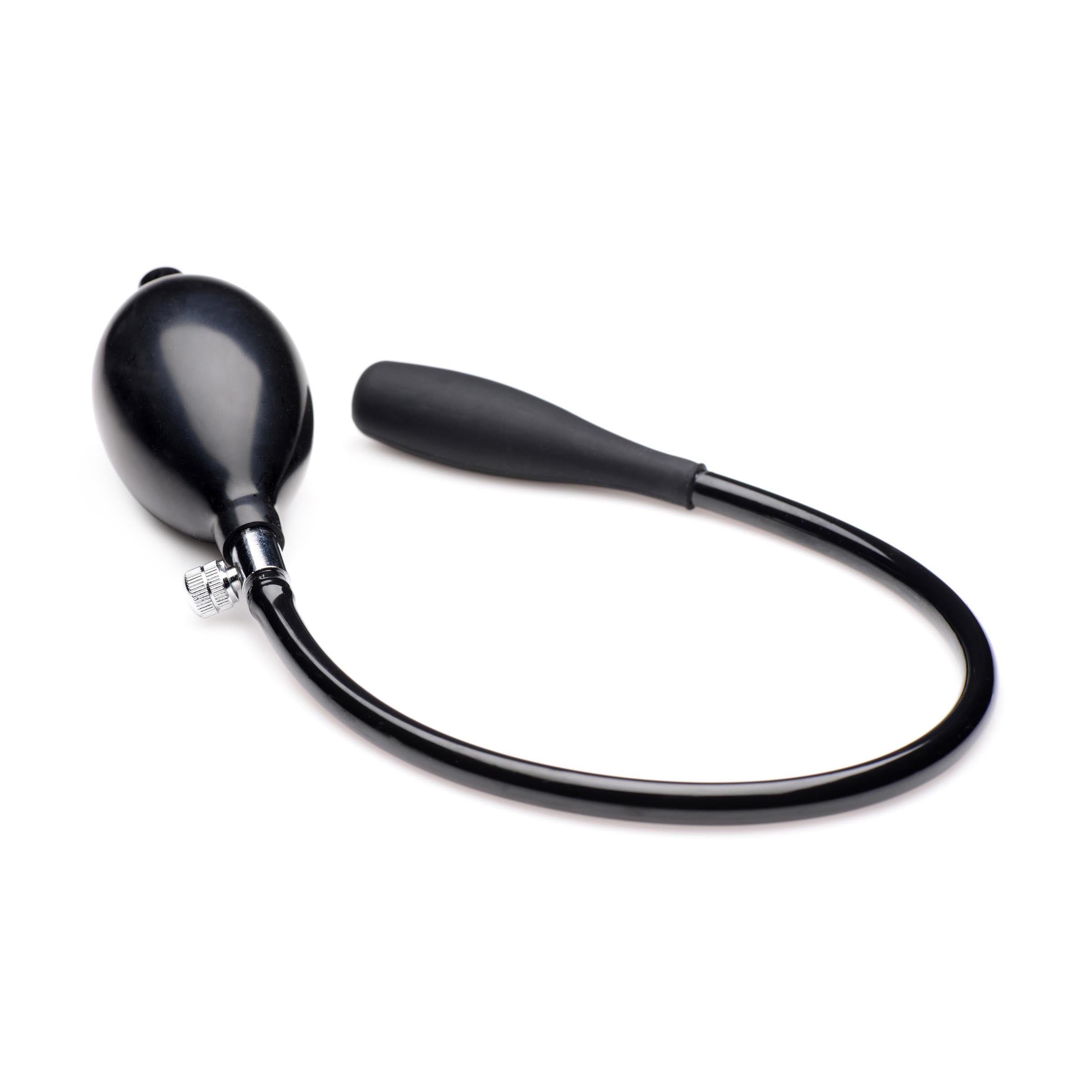Frisky Inflatable Stimulator in black latex, showcasing its petite size and inflator bulb for customizable pleasure.