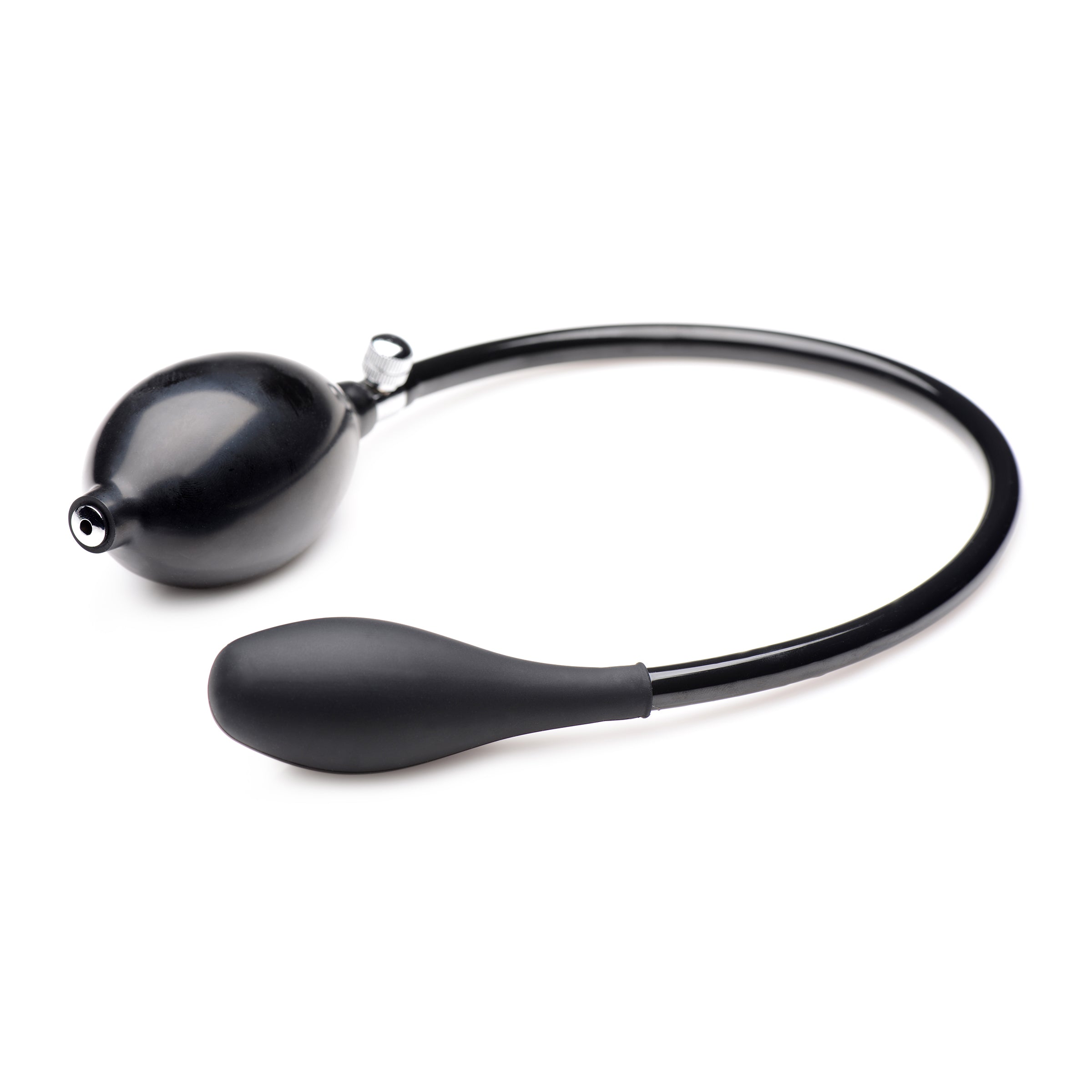 Frisky Inflatable Stimulator in black latex, showcasing its petite size and inflator bulb for customizable pleasure.