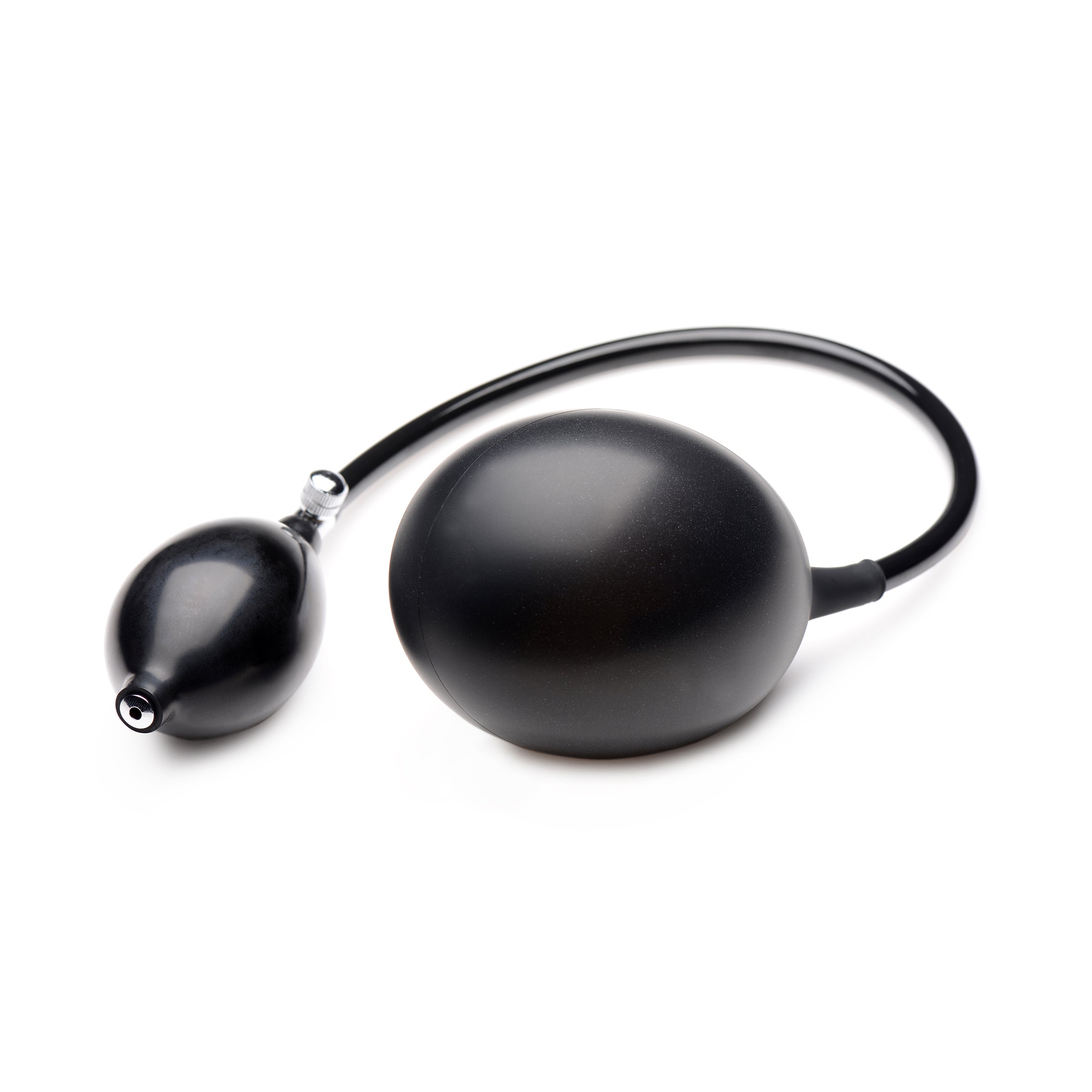 Frisky Inflatable Stimulator in black latex, showcasing its petite size and inflator bulb for customizable pleasure.