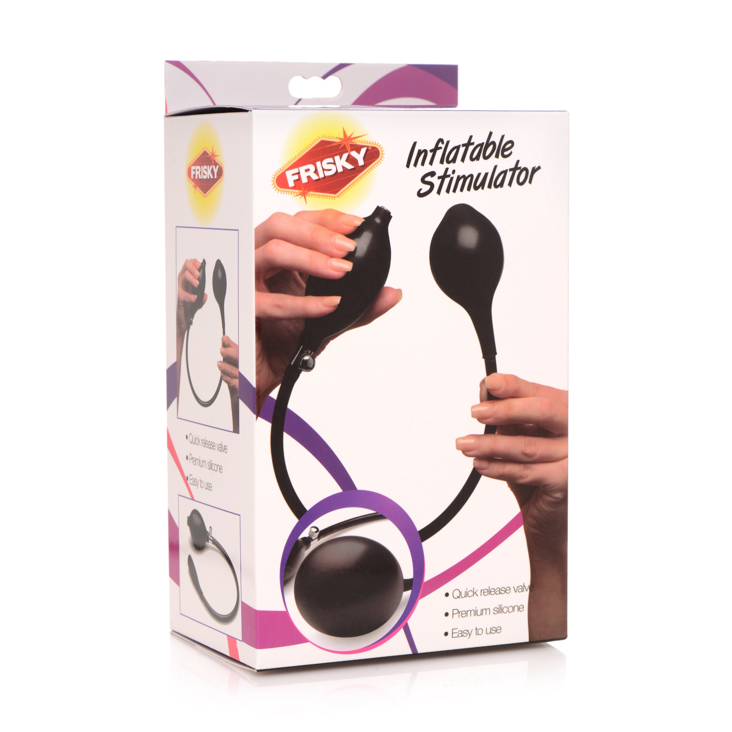 Frisky Inflatable Stimulator in black latex, showcasing its petite size and inflator bulb for customizable pleasure.