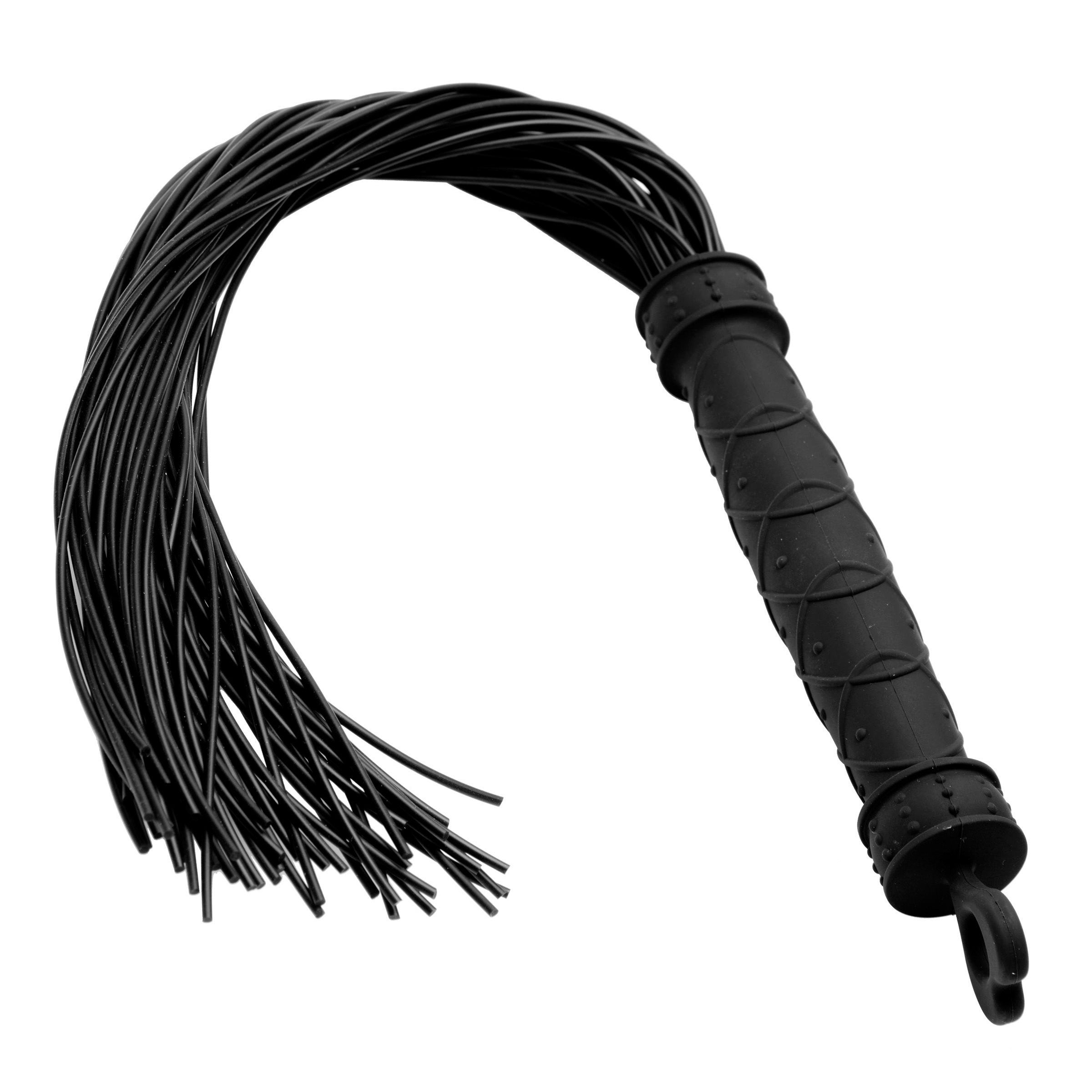 Frisky Punish Me Silicone Flogger with heart-shaped end and long tassels, designed for playful BDSM experiences.