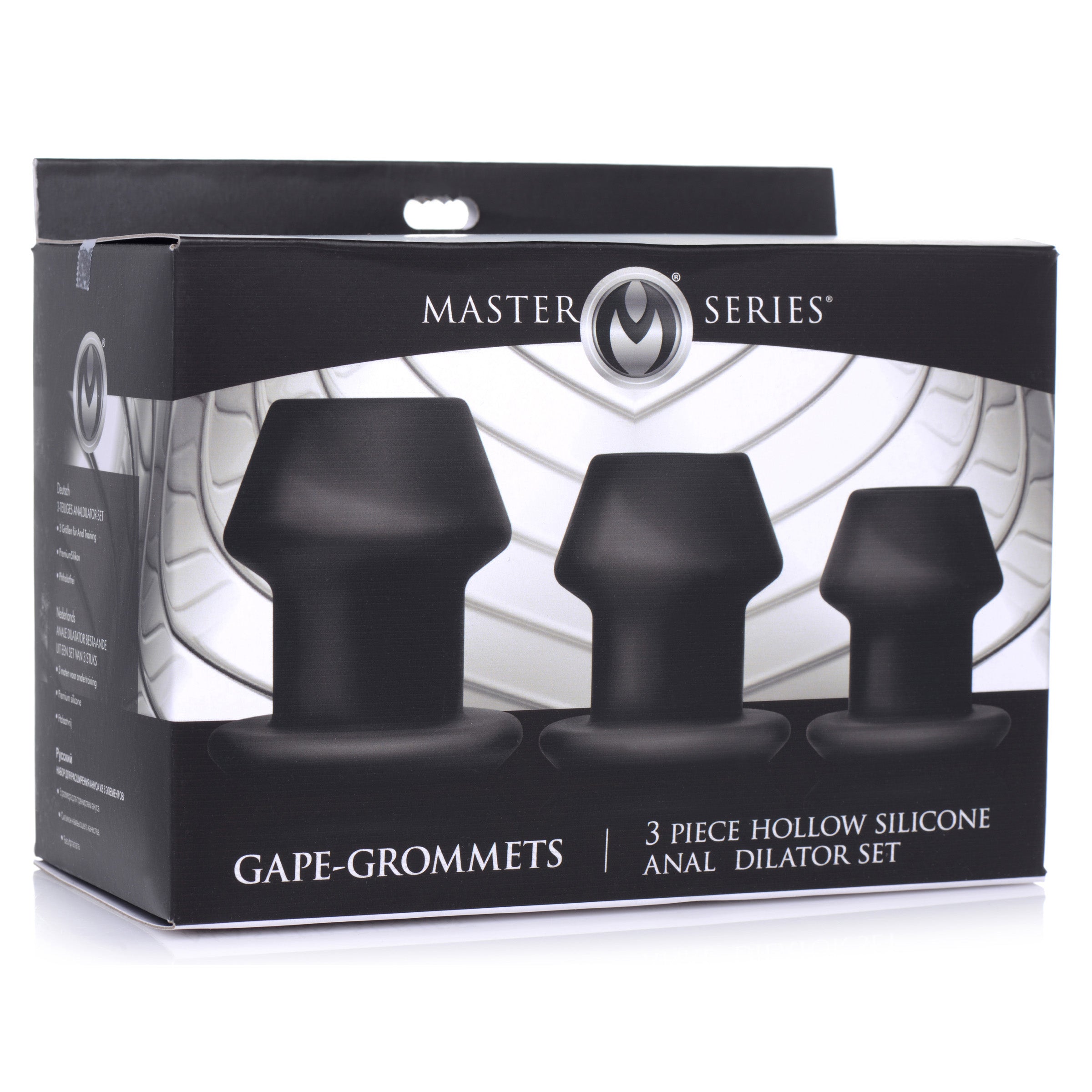 Gape-Grommets 3 Piece Hollow Silicone Anal Dilator Set in black, showcasing three graduated sizes for anal stretching.
