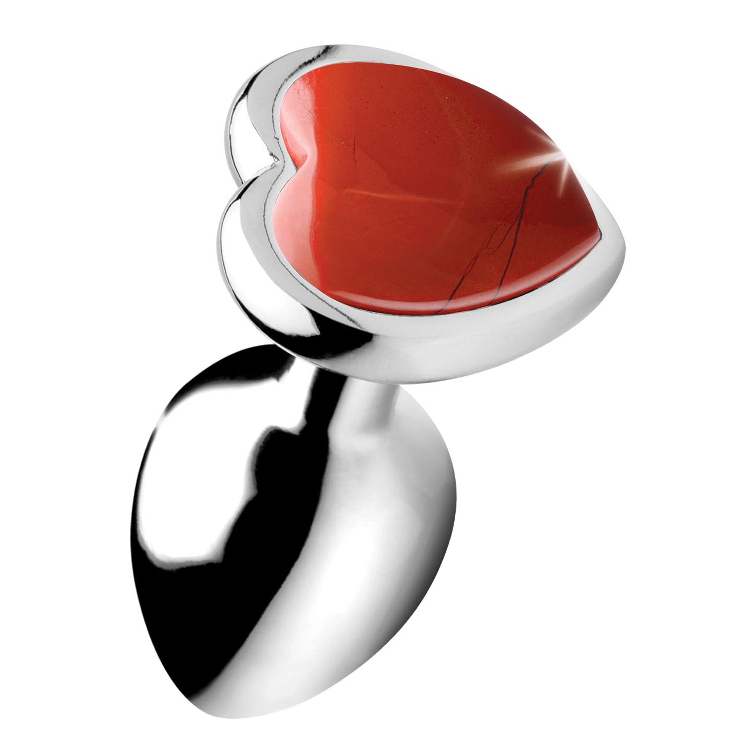 Small anal plug featuring a heart-shaped Red Jasper gemstone, made from body-safe aluminum alloy, designed for enhanced pleasure and creativity.