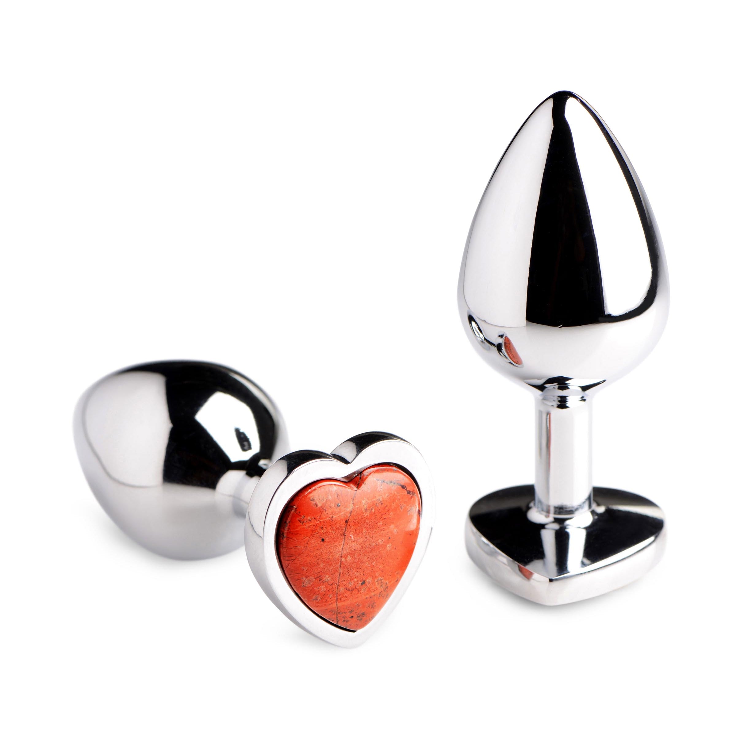 Small anal plug featuring a heart-shaped Red Jasper gemstone, made from body-safe aluminum alloy, designed for enhanced pleasure and creativity.