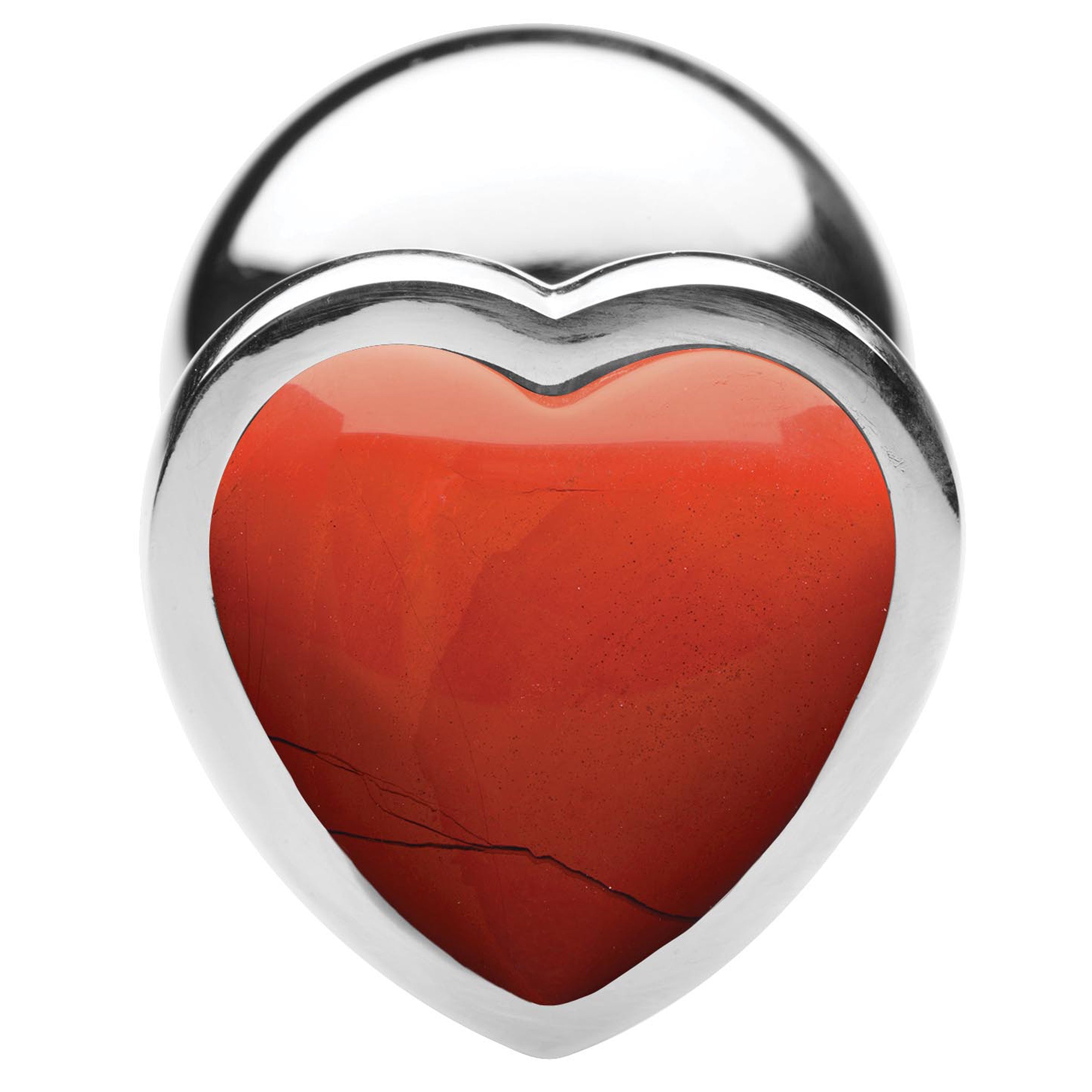 Small anal plug featuring a heart-shaped Red Jasper gemstone, made from body-safe aluminum alloy, designed for enhanced pleasure and creativity.