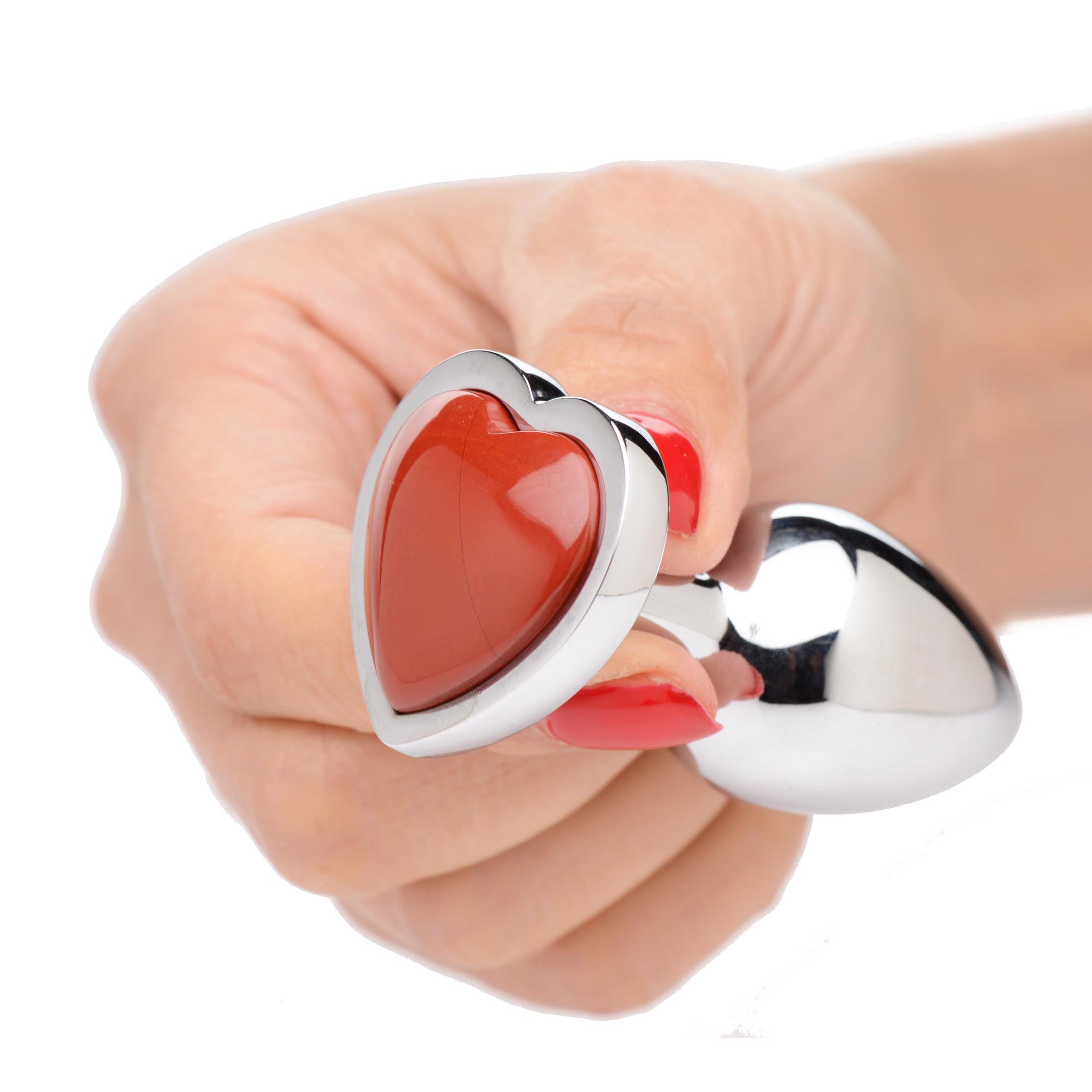 Small anal plug featuring a heart-shaped Red Jasper gemstone, made from body-safe aluminum alloy, designed for enhanced pleasure and creativity.