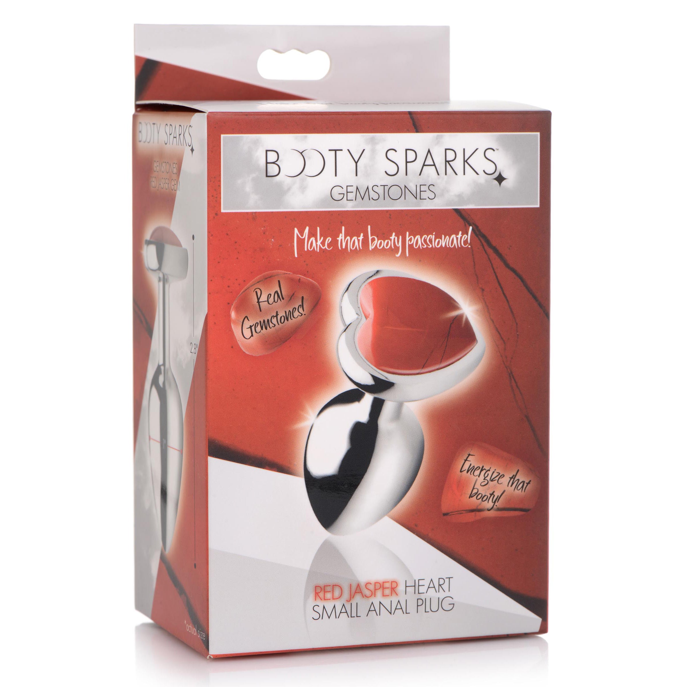 Small anal plug featuring a heart-shaped Red Jasper gemstone, made from body-safe aluminum alloy, designed for enhanced pleasure and creativity.