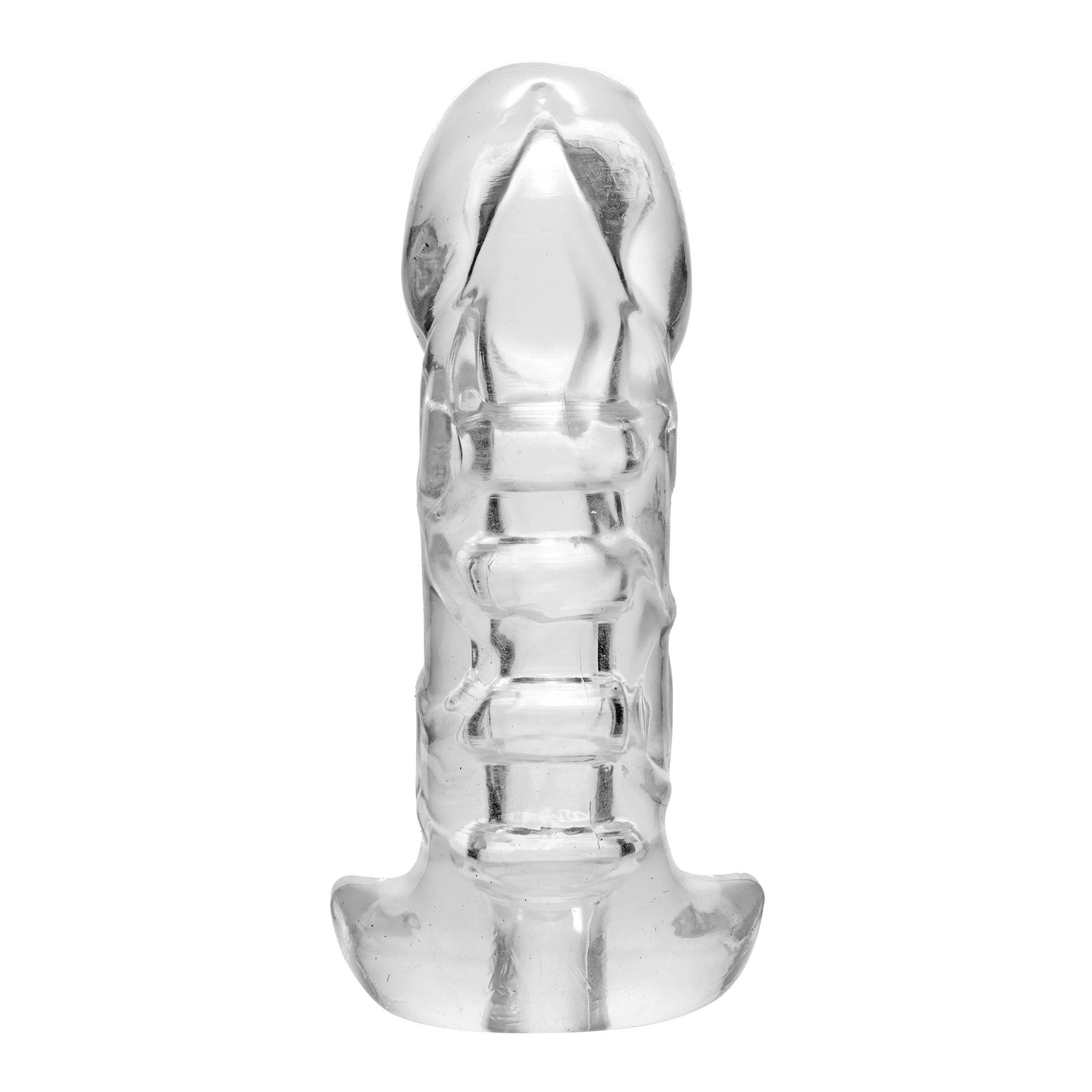 Girth Enhancing Penetration Device and Stroker Sleeve with realistic shape and ribbed interior for enhanced pleasure.