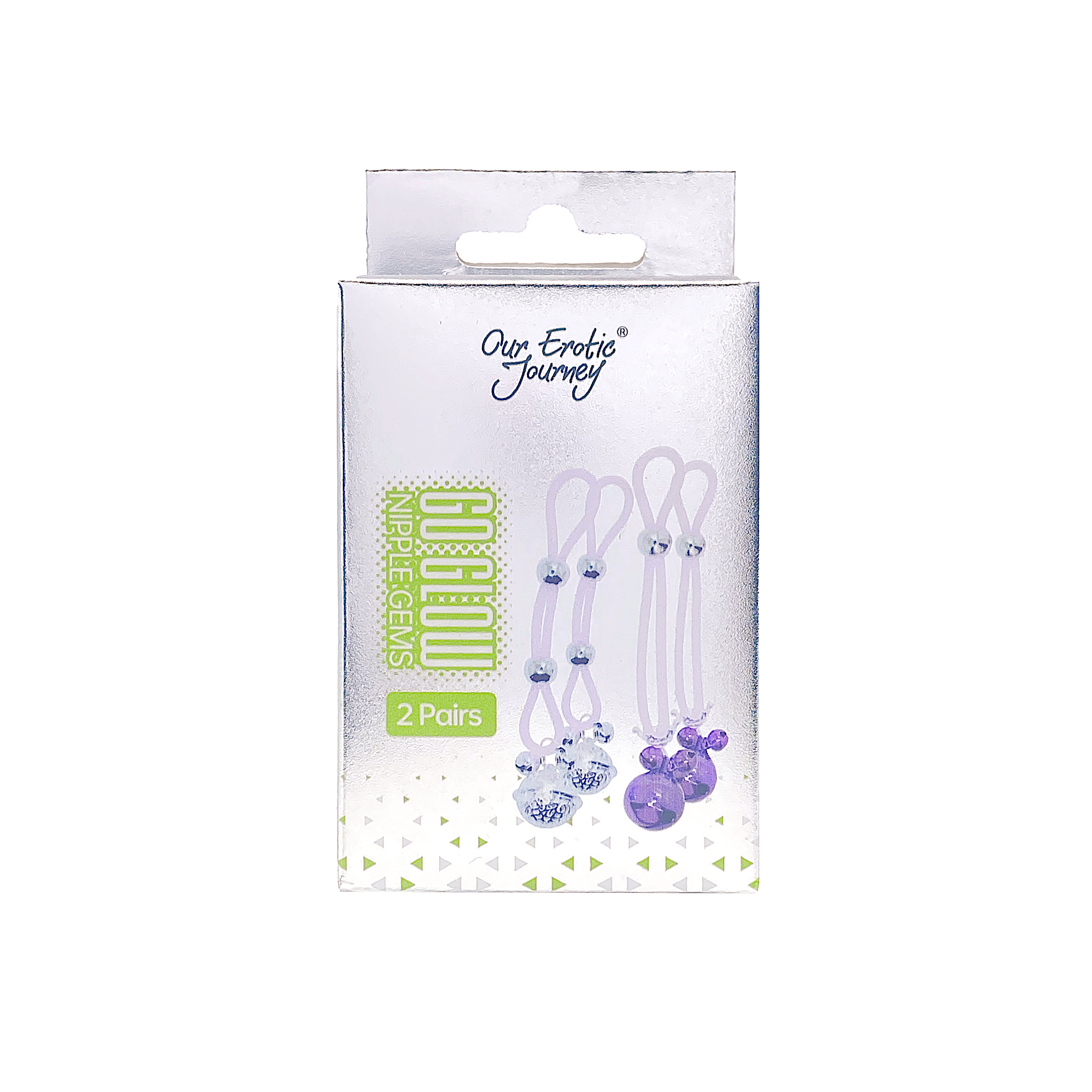 Go Glow Nipple Gems featuring silver and purple designs, adjustable for comfort, perfect for playful occasions.