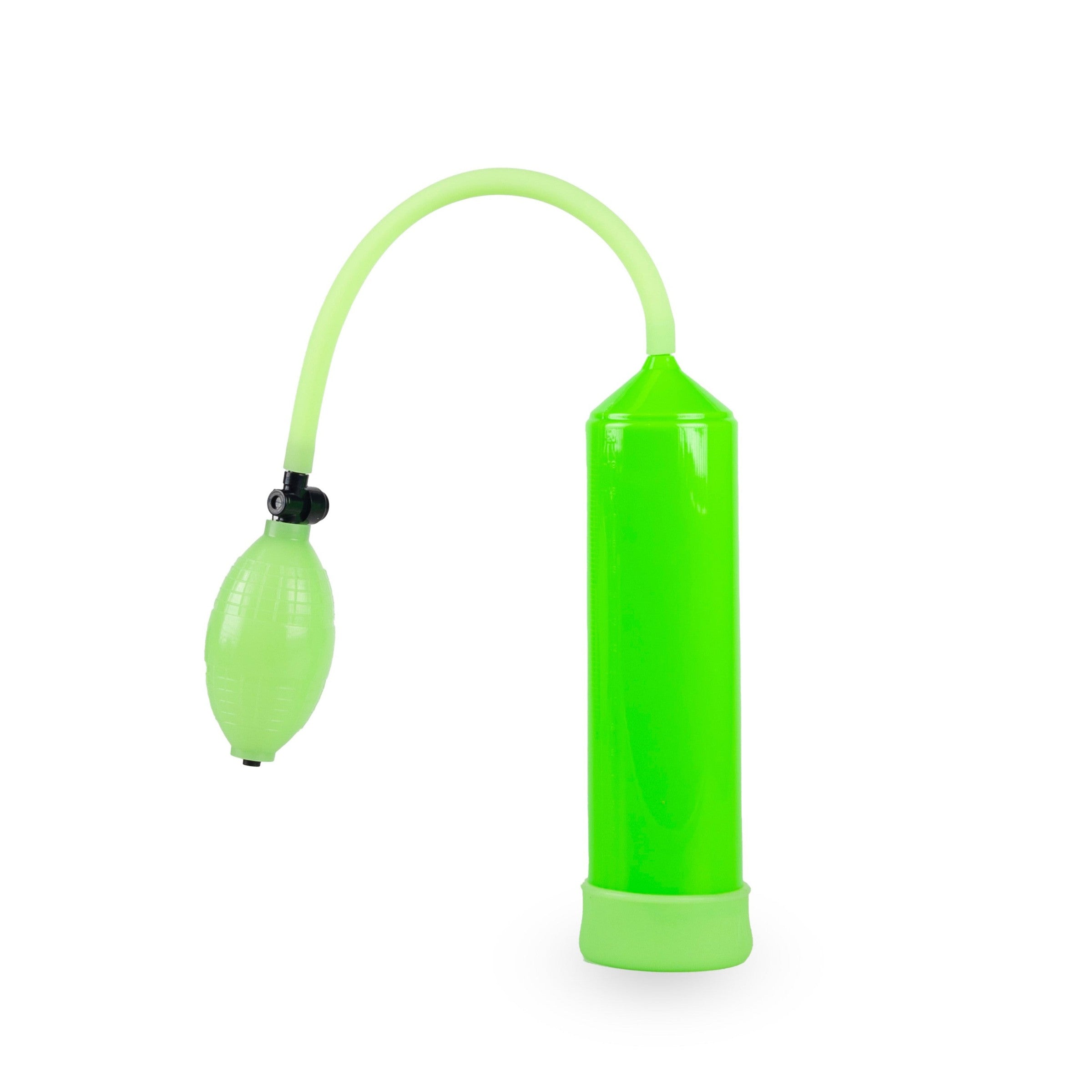 Go Glow Penis Pump with a clear cylinder and bulb for vacuum suction, designed for enhancing size and stamina.