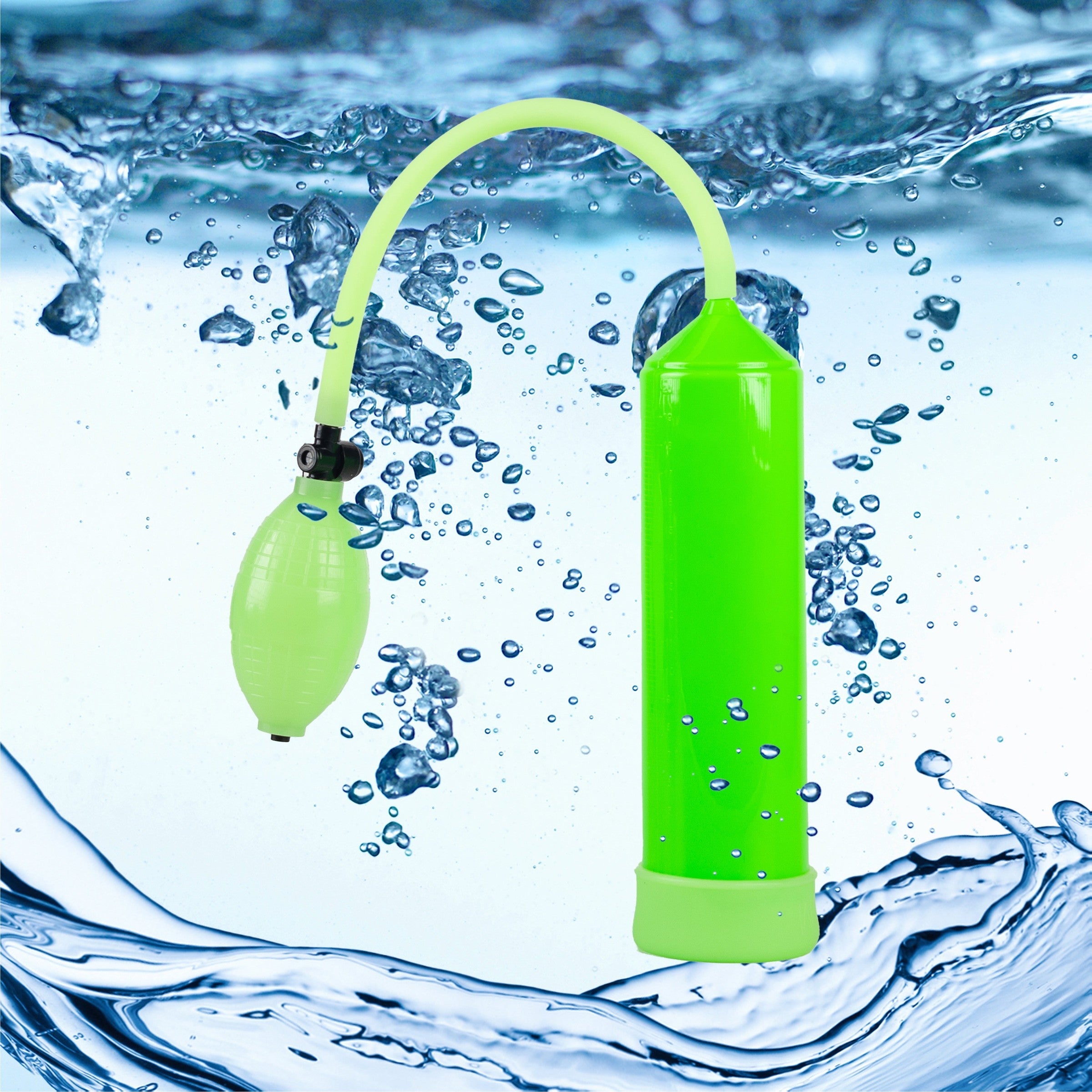 Go Glow Penis Pump with a clear cylinder and bulb for vacuum suction, designed for enhancing size and stamina.