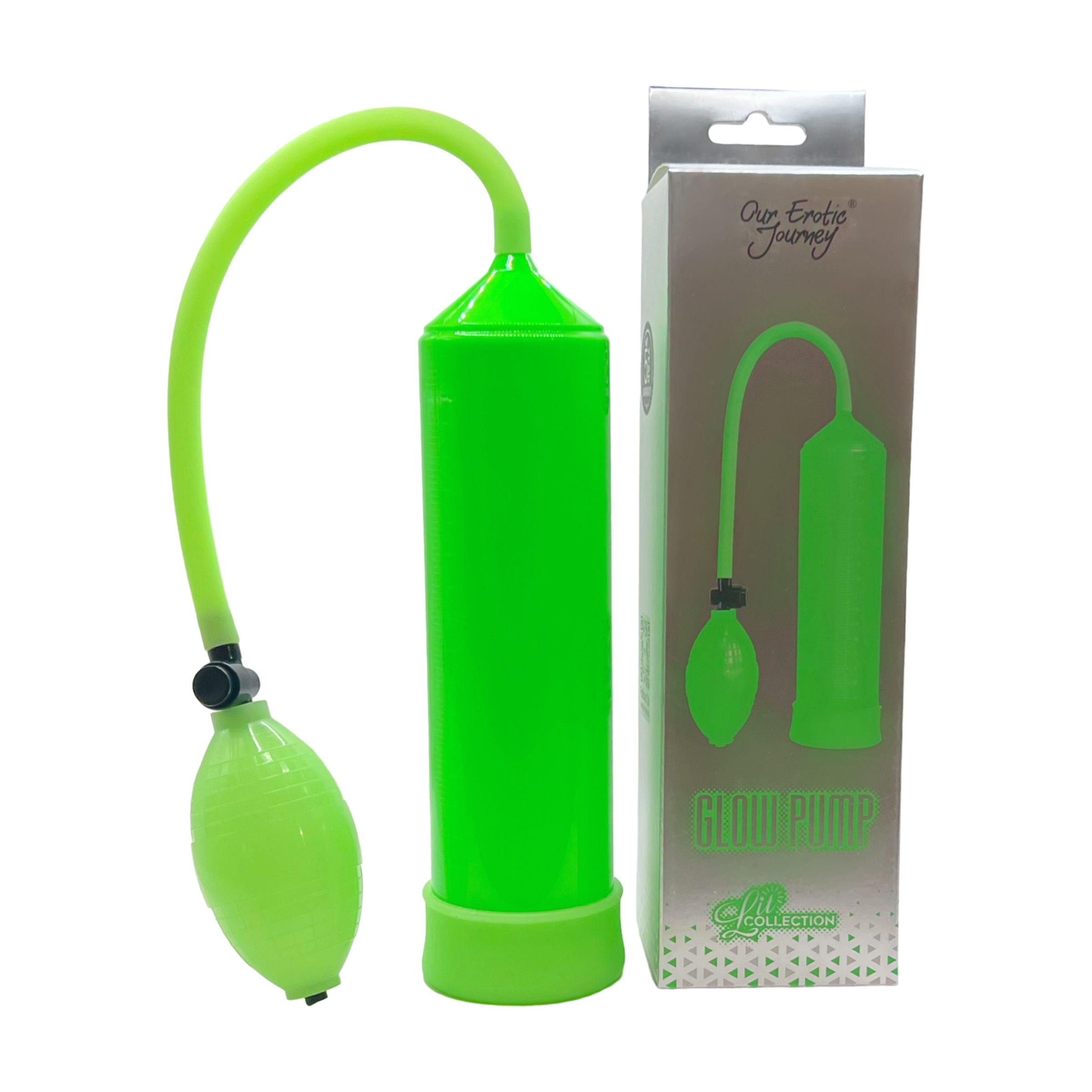 Go Glow Penis Pump with a clear cylinder and bulb for vacuum suction, designed for enhancing size and stamina.