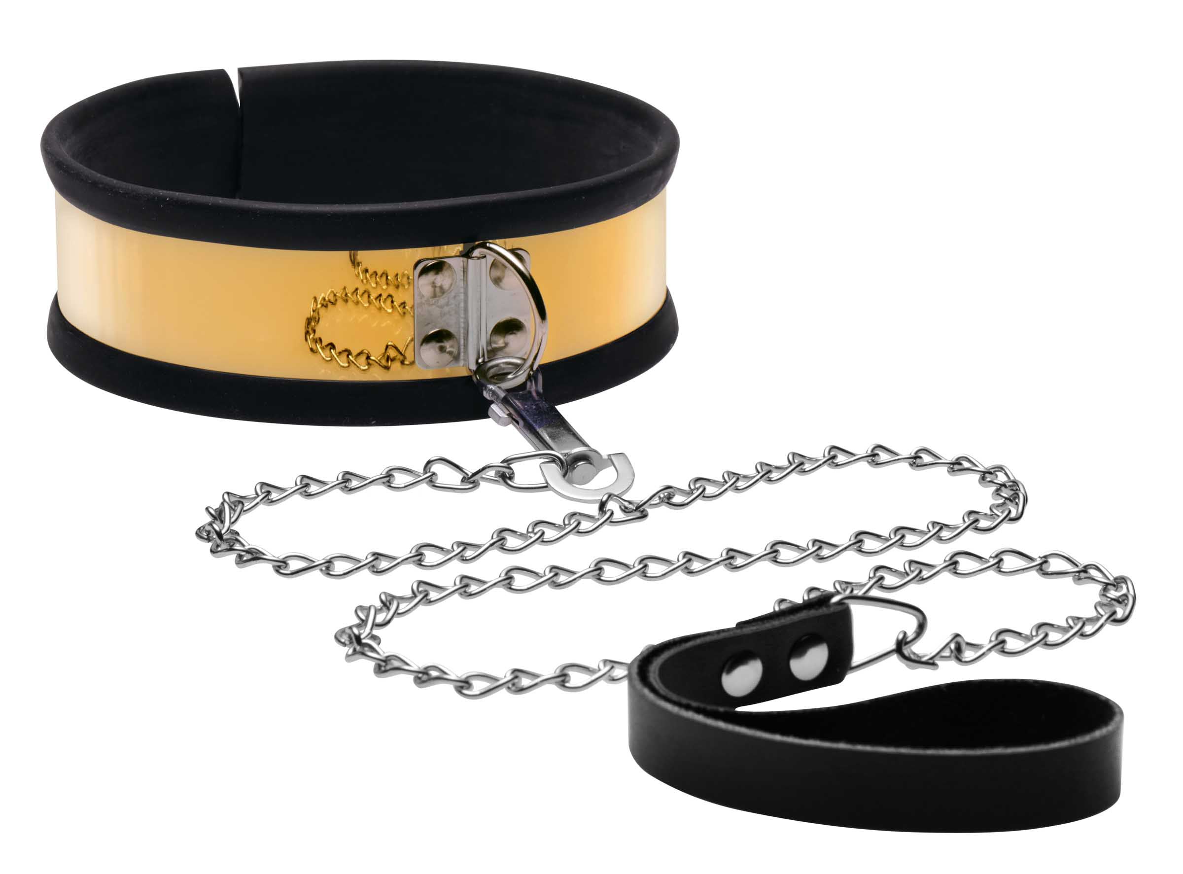 Golden metal leash and collar set with rubber lining for comfort, featuring a D-ring and spring-loaded fastener.