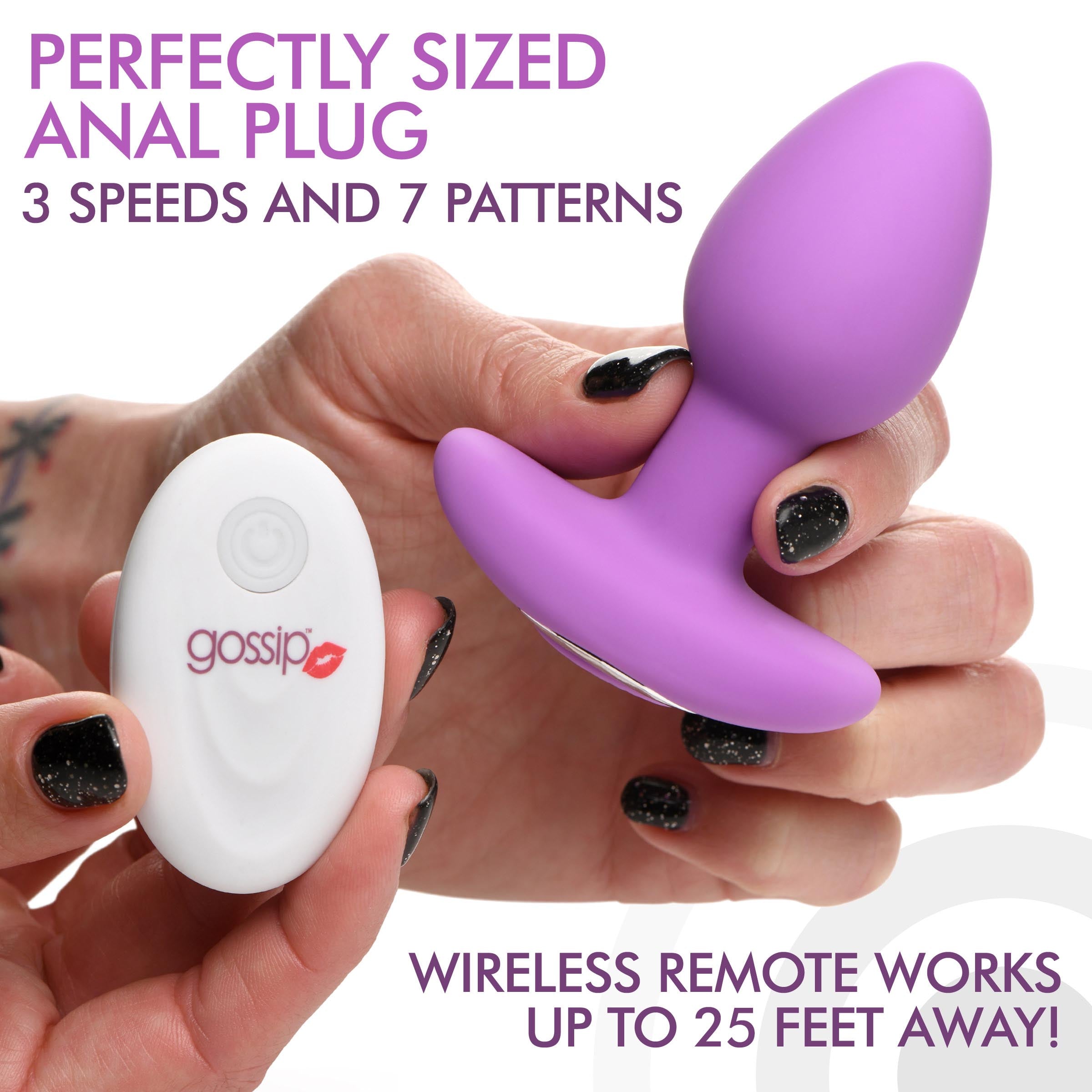 Gossip Pop Rocker 10X Vibrating Silicone Plug in Violet, showcasing its sleek design and tapered tip for easy insertion.