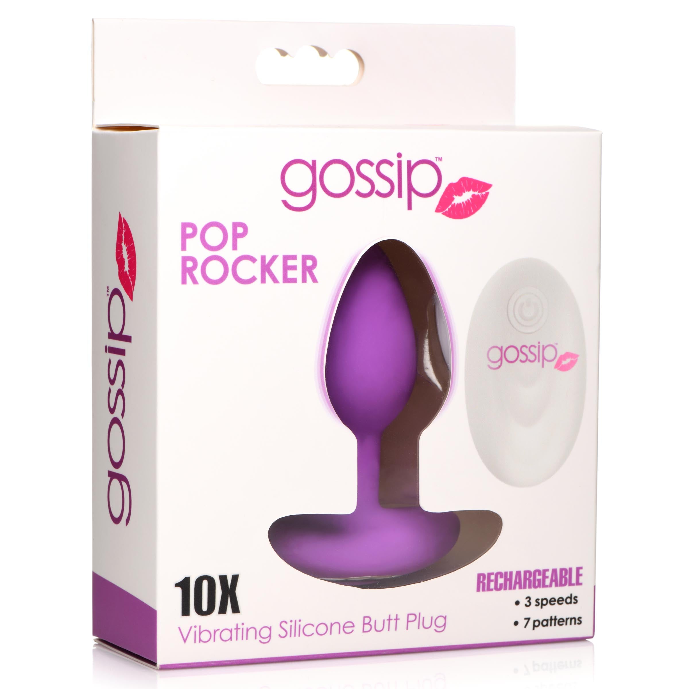 Gossip Pop Rocker 10X Vibrating Silicone Plug in Violet, showcasing its sleek design and tapered tip for easy insertion.