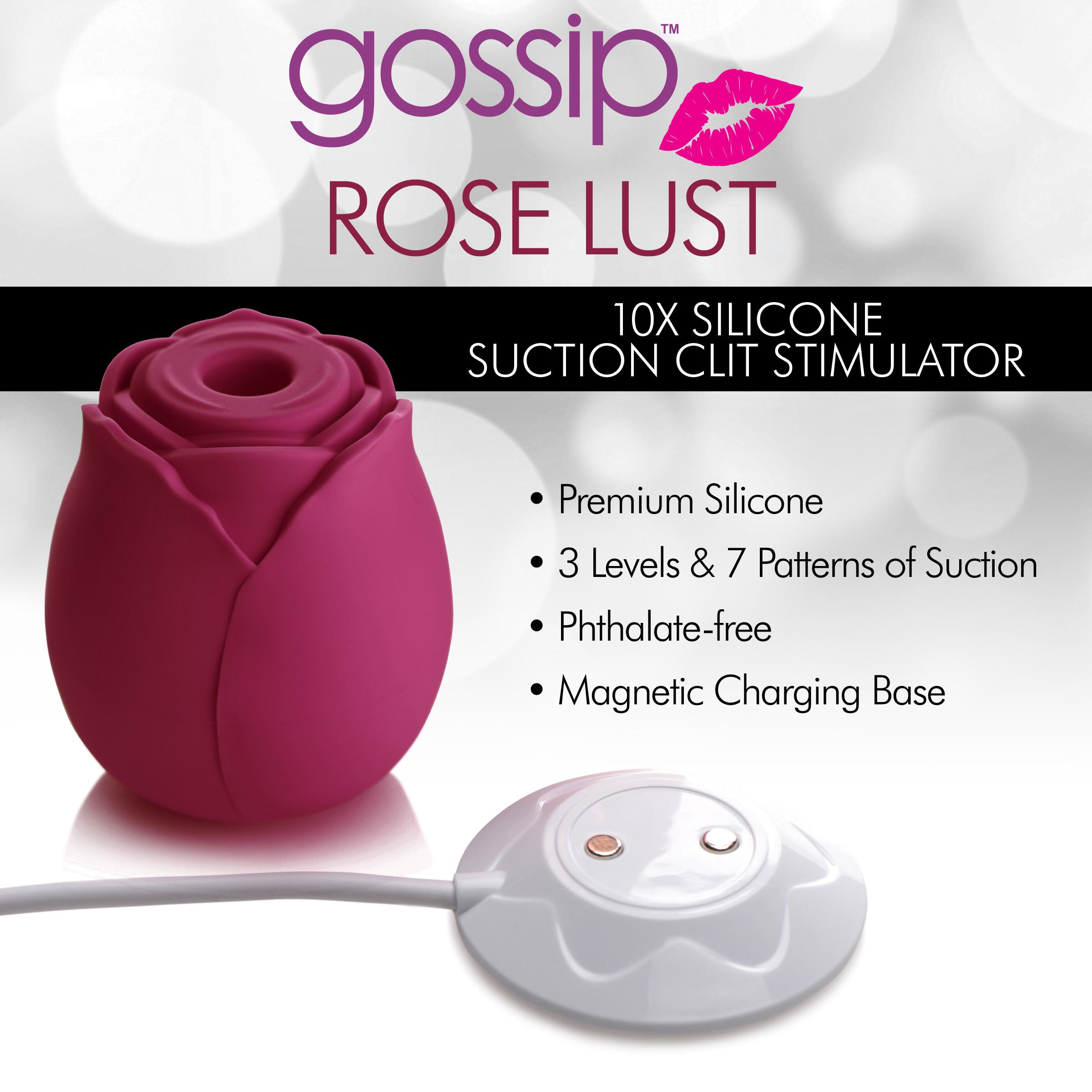 Gossip Rose Lust 10X Silicone Clit Stimulator in burgundy, shaped like a rose, designed for clitoral suction pleasure.