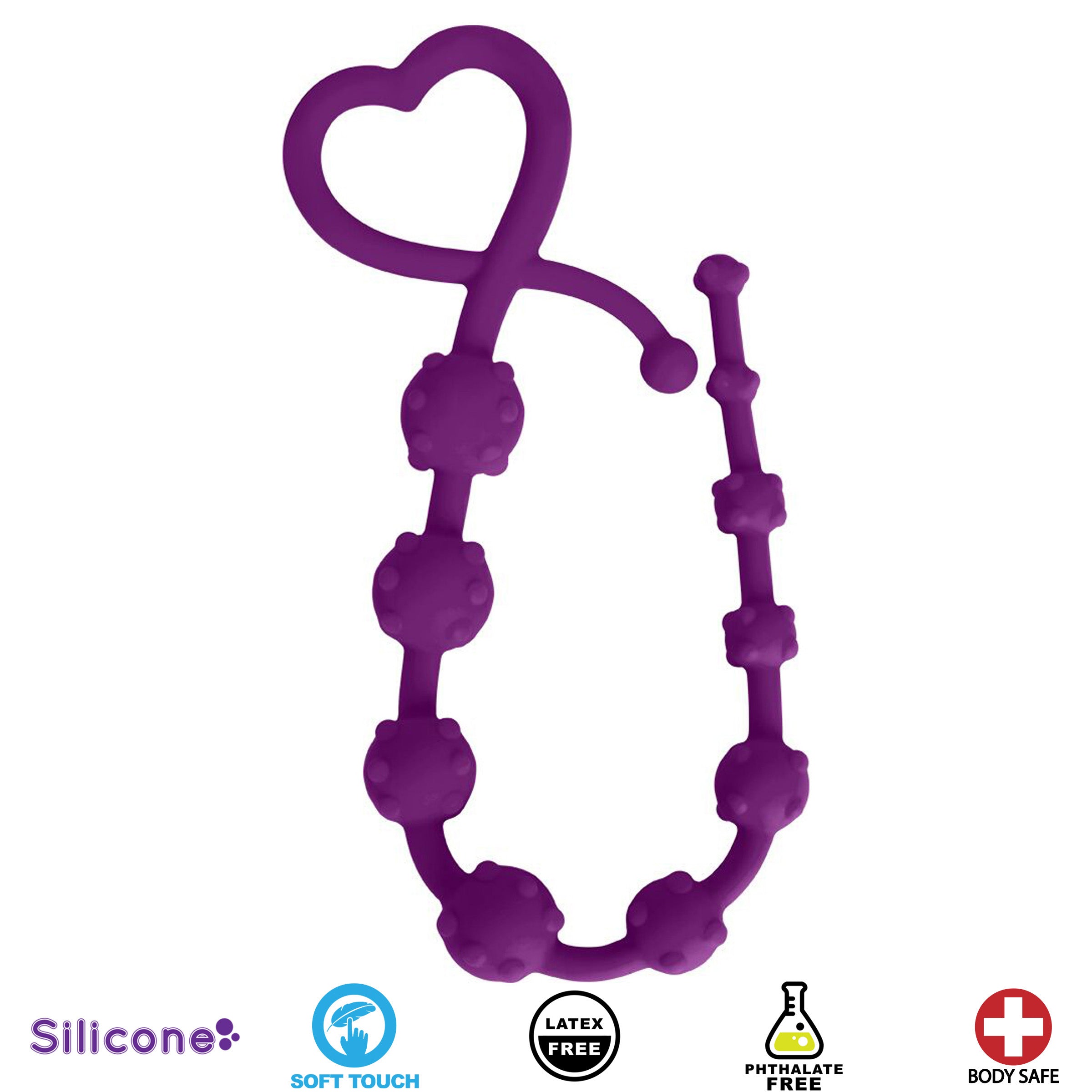 Hearts n Studs Silicone Anal Beads in purple with a heart-shaped double ring for easy grip and graduated beads for enhanced pleasure.