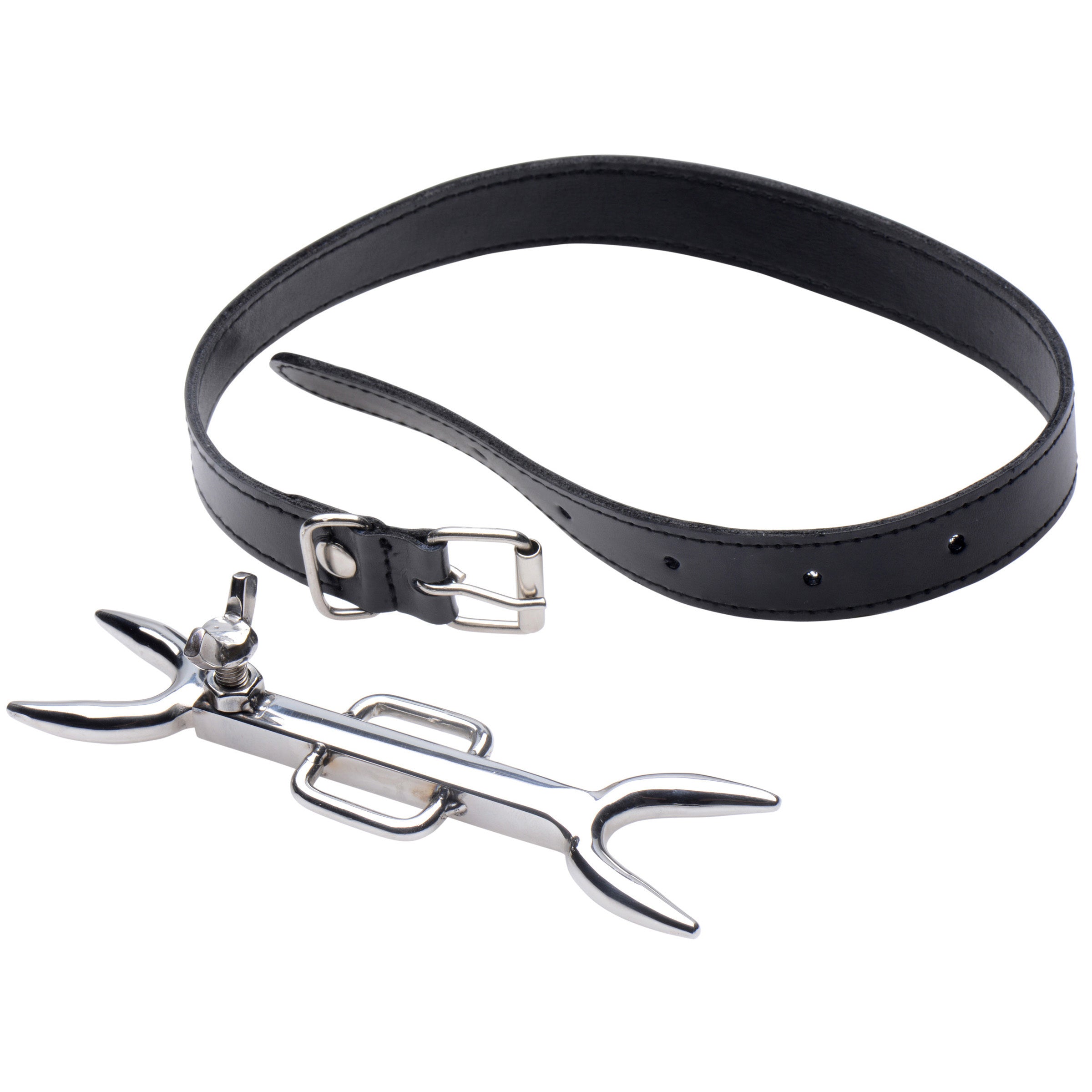 Heretics Fork posture collar with double-ended prong, made of black leather and stainless steel, designed for BDSM play.
