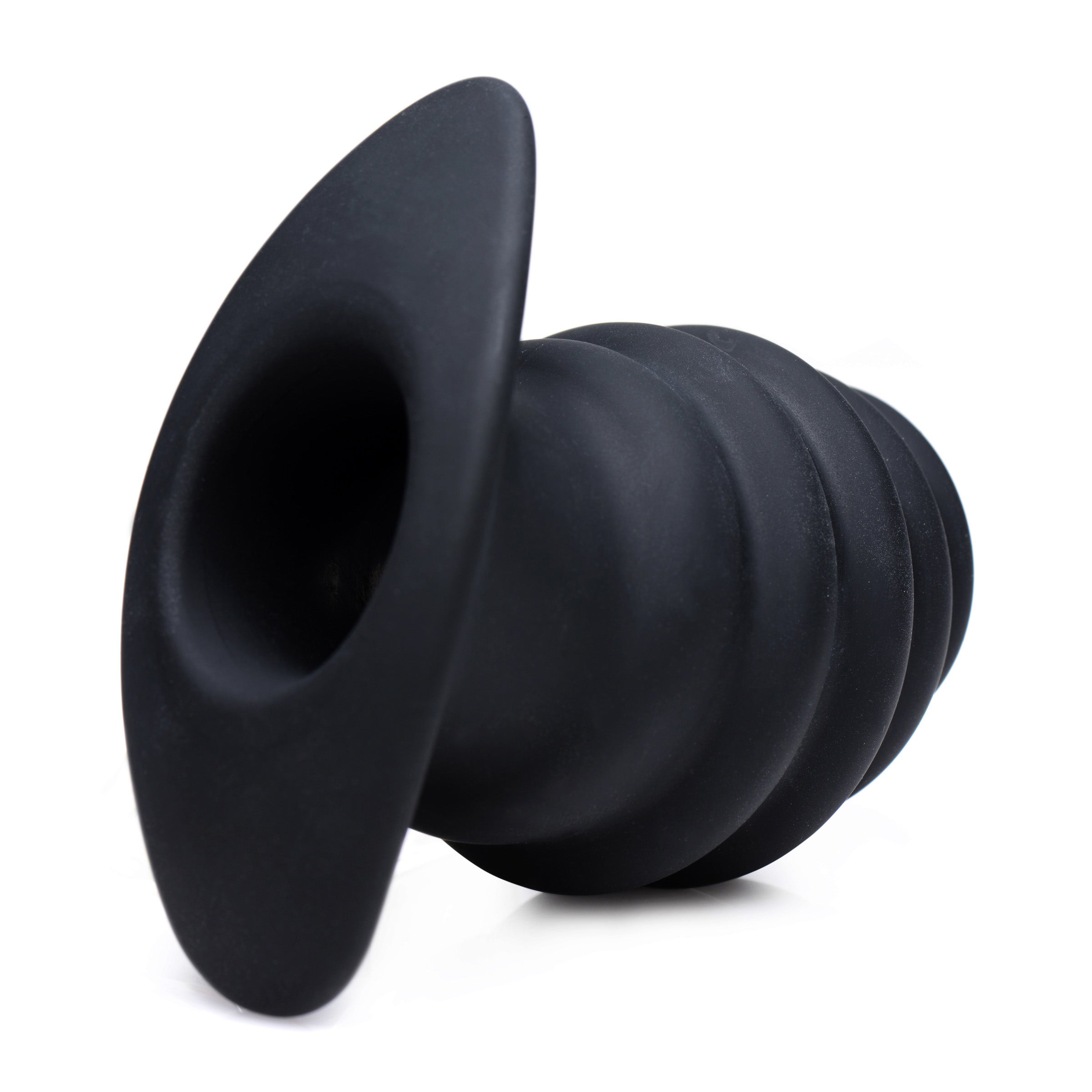 Hive Ass Tunnel Silicone Ribbed Hollow Anal Plug in black, showcasing its ribbed texture and hollow core design.