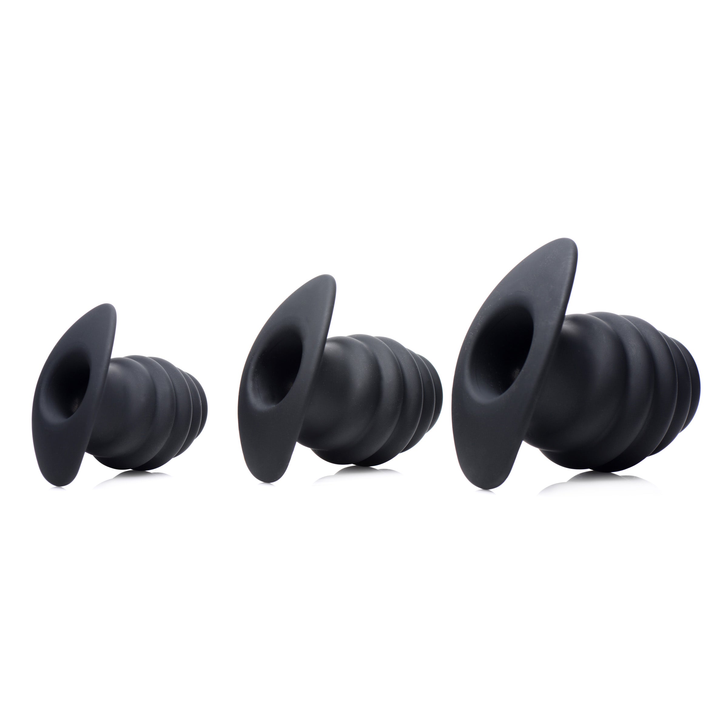 Hive Ass Tunnel Silicone Ribbed Hollow Anal Plug in black, showcasing its ribbed texture and hollow core design.