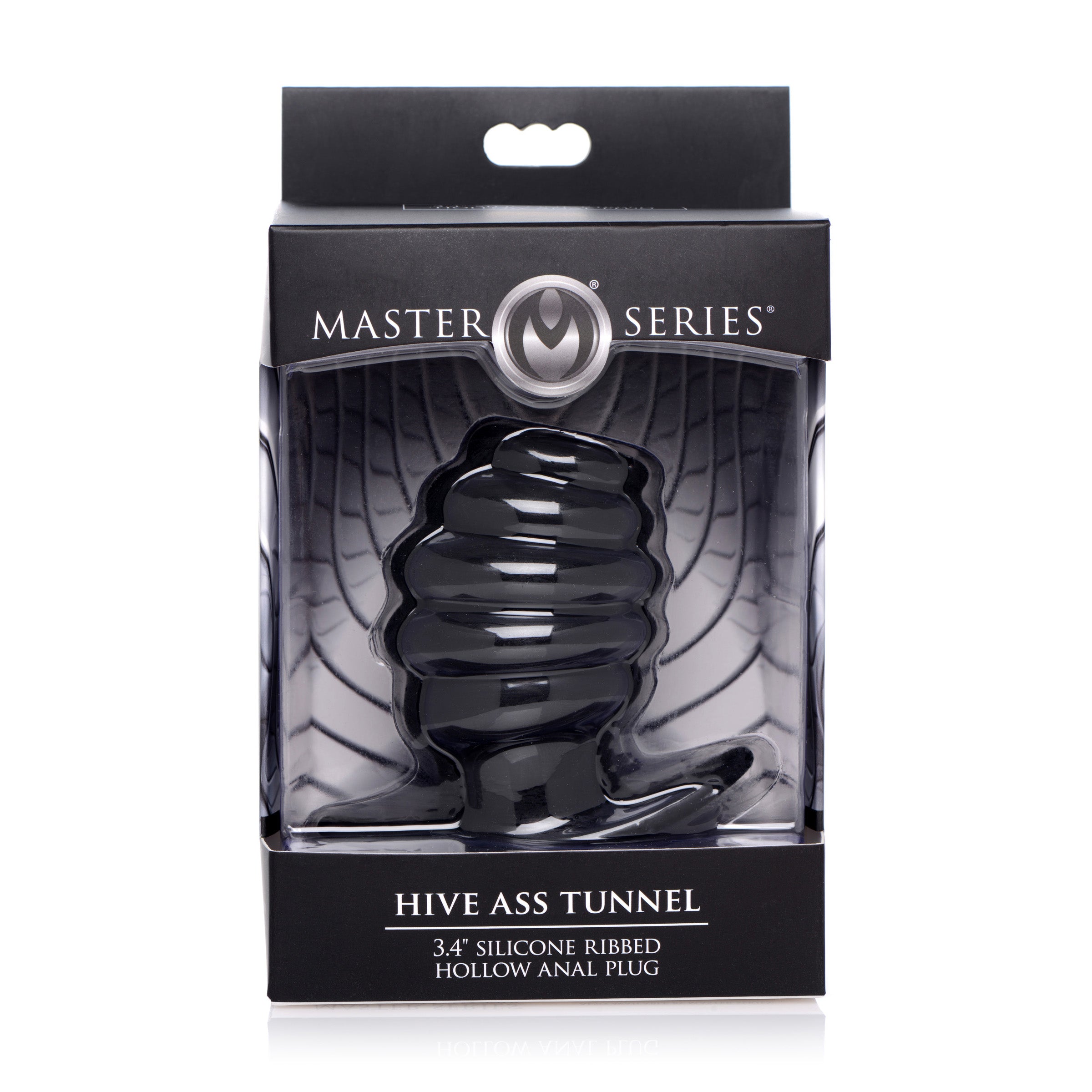 Hive Ass Tunnel Silicone Ribbed Hollow Anal Plug in black, showcasing its ribbed texture and hollow core design.