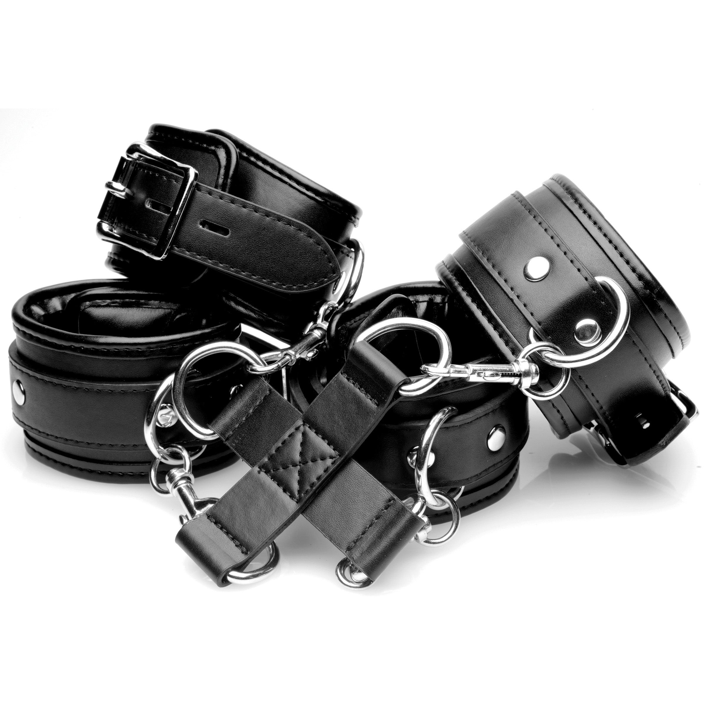 Hog-Tie Restraint System featuring adjustable padded cuffs and locking buckles for secure bondage play.