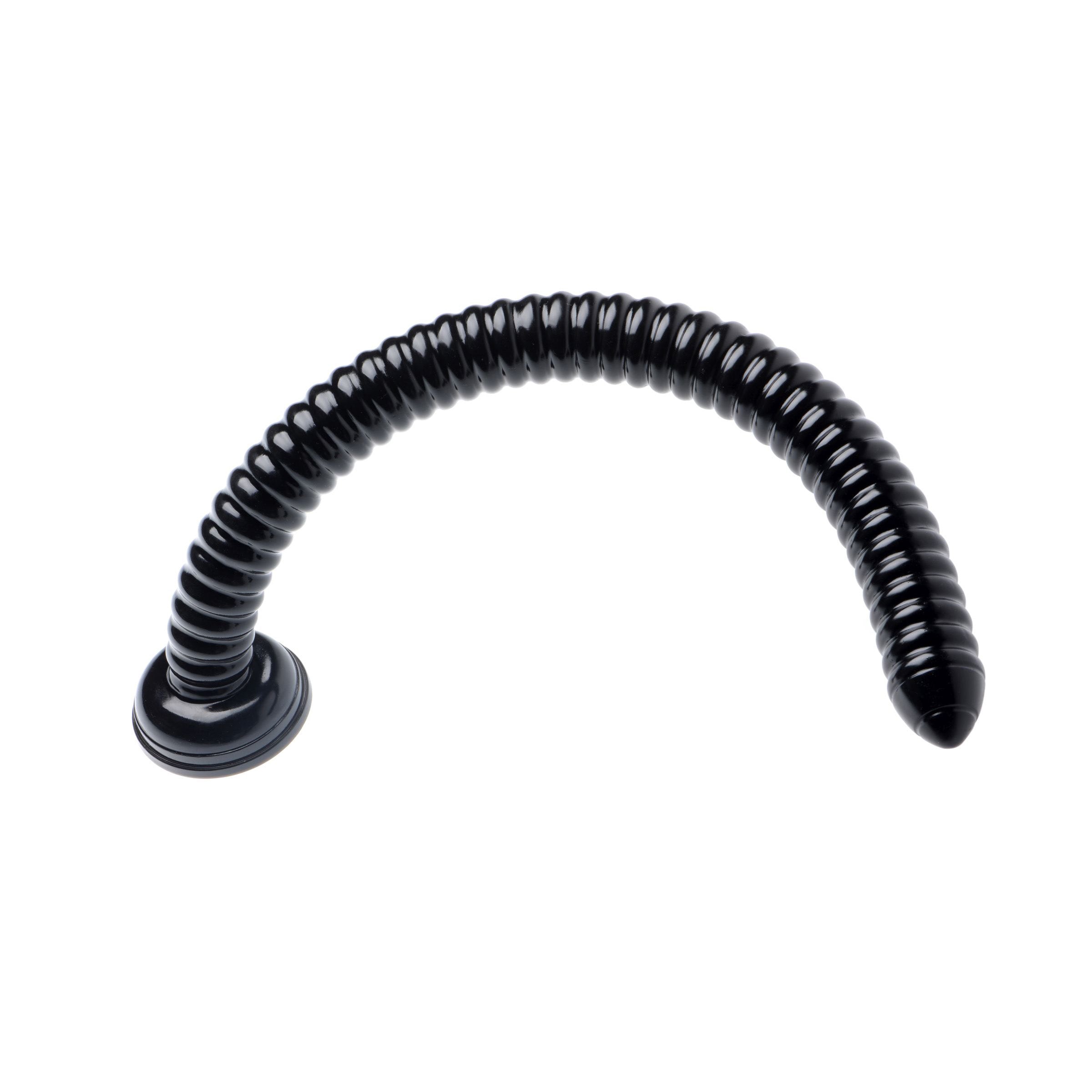 Hosed 19 Inch Ribbed Anal Snake, a long black dildo with ribbed texture and suction base for enhanced pleasure.