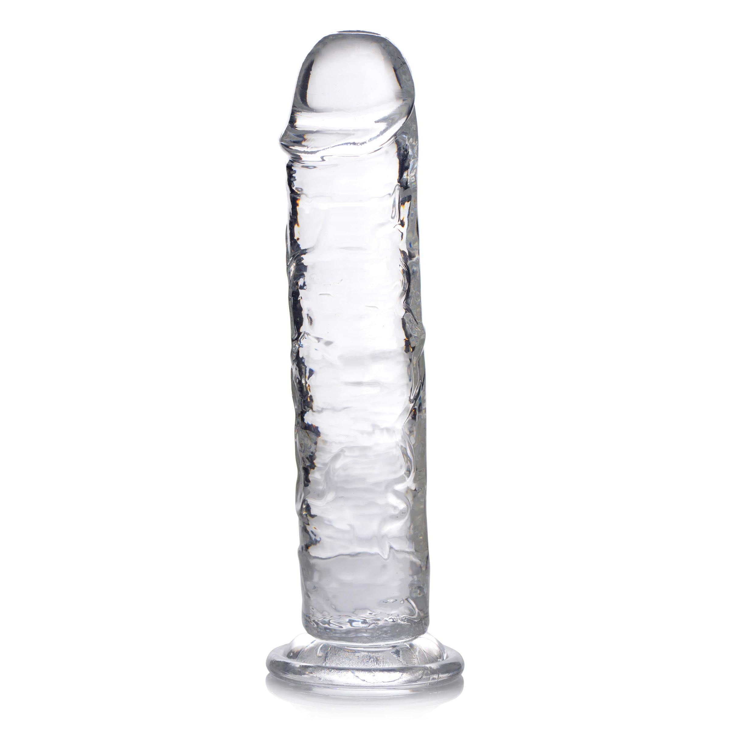 Jock C-Thru Dildo - 8 Inch, a crystal clear, ultra-realistic dildo with a powerful suction cup base for hands-free pleasure.