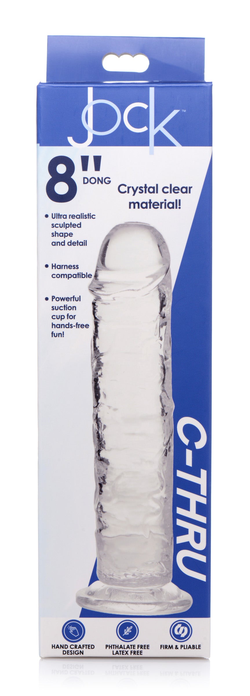 Jock C-Thru Dildo - 8 Inch, a crystal clear, ultra-realistic dildo with a powerful suction cup base for hands-free pleasure.